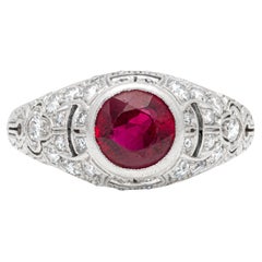  GIA Certified 1.60 Carats Round Cut Ruby with Diamond Antique Engagement Ring