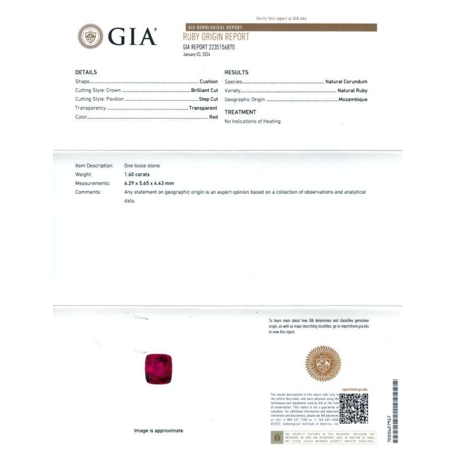 Presenting a natural Unheated Mozambique Ruby weighing 1.60 carats, accompanied by a GIA Report for authentication. The cushion-shaped gem, measuring 6.29 x 5.65 x 4.43 mm, features a Brilliant/Step cut, seamlessly blending faceted brilliance with