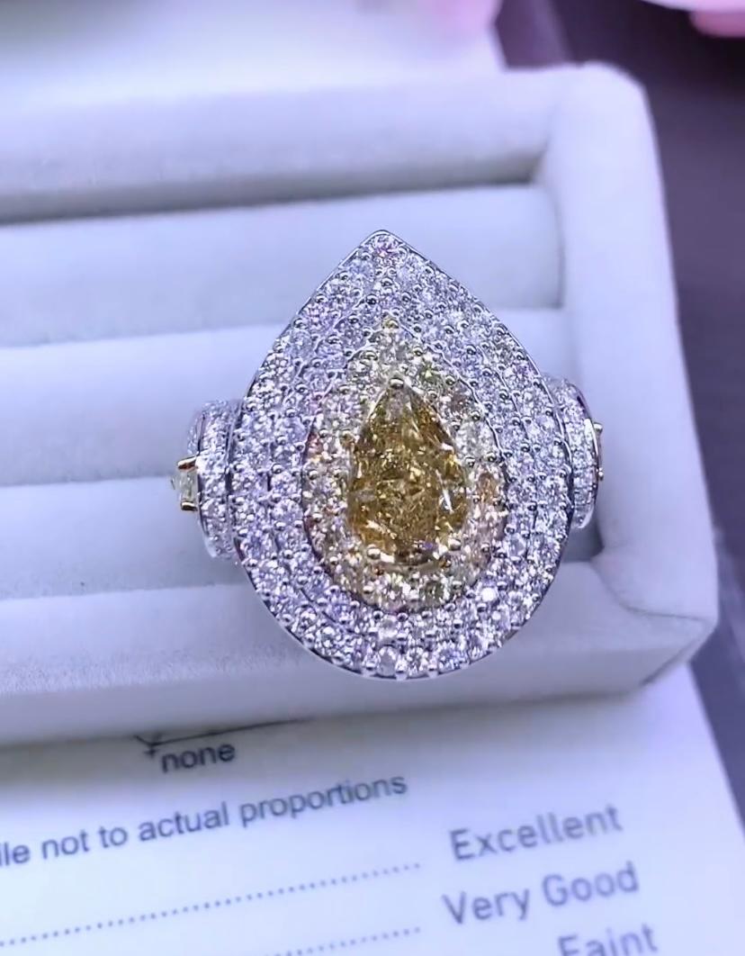 Pear Cut GIA Certified 1.60 Ct Fancy Yellow Brownish Diamond  18K Gold Ring For Sale