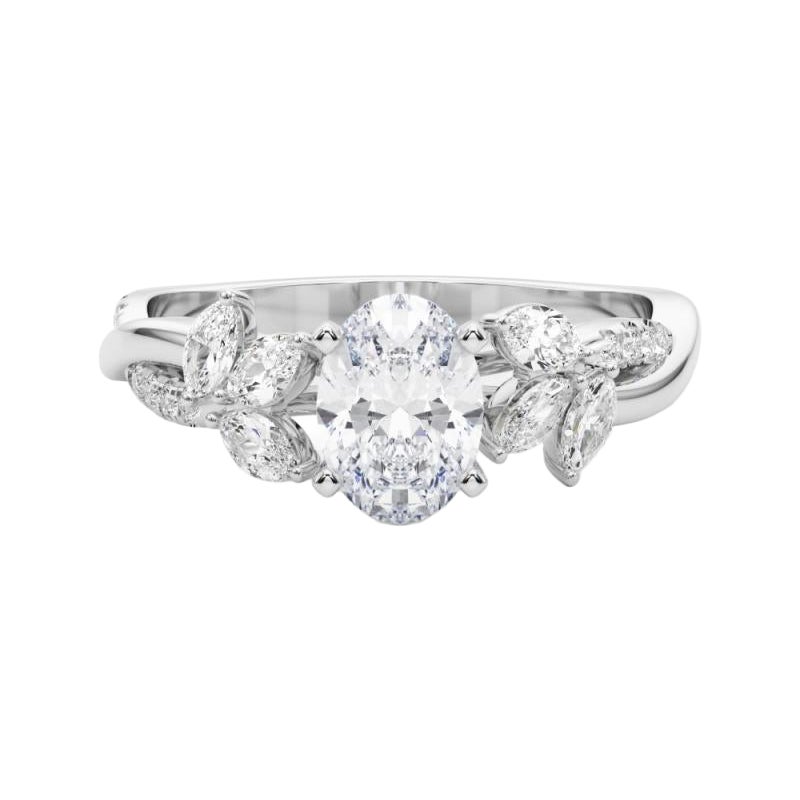 Anillo de diamantes ovalado entrelazado en forma de enredadera con flor de jardín, certificado por GIA 1,60 ct