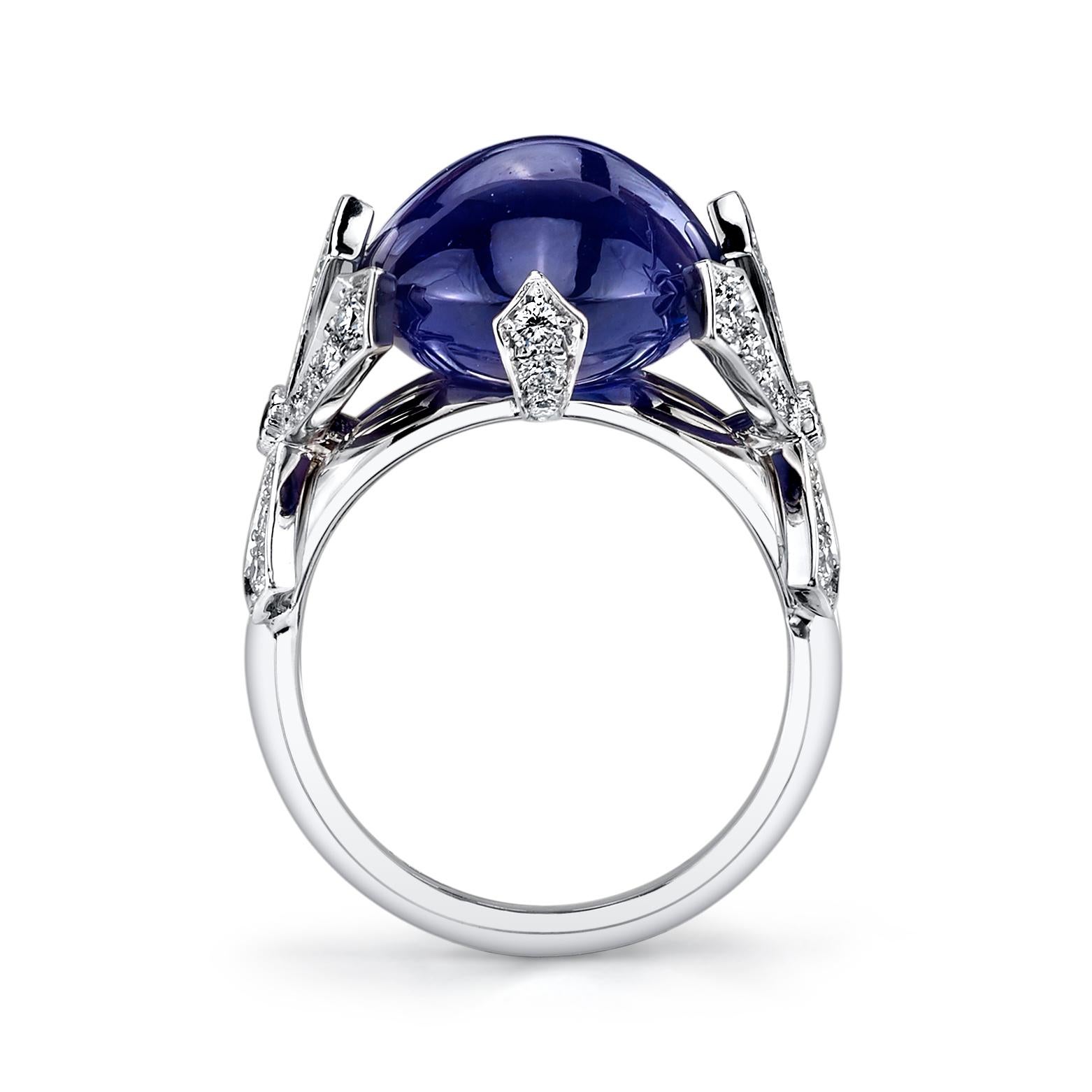 Art Deco GIA Certified 16.11 Ct Cabochon Sapphire 18 Karat White Gold, 0.42 Ct Diamonds For Sale