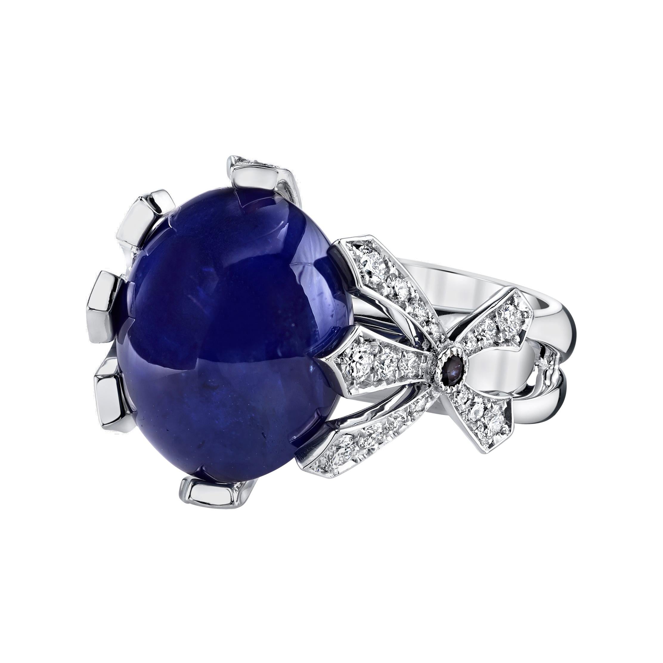 GIA Certified 16.11 Ct Cabochon Sapphire 18 Karat White Gold, 0.42 Ct Diamonds For Sale