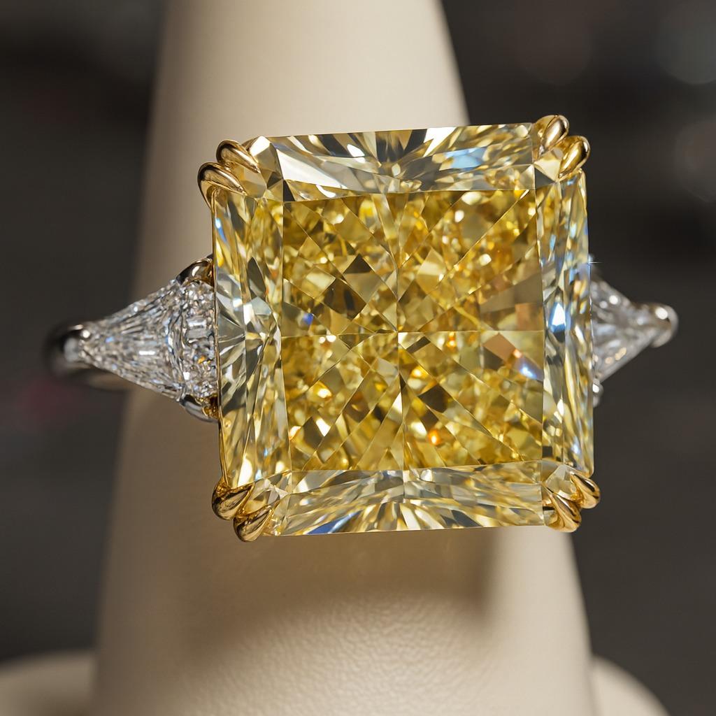 Bague en or jaune 18 carats et platine certifiée GIA 16,14 carats jaune fantaisie VS1 diamant taille radiant avec pierres latérales Trillion

Cette bague exceptionnelle, d'une rareté et d'une brillance extraordinaires, est ornée d'un diamant radiant