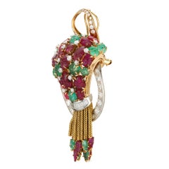 GIA Certified 16.15 Carat Ruby Emerald Diamond Cluster Gold Brooch Pendant