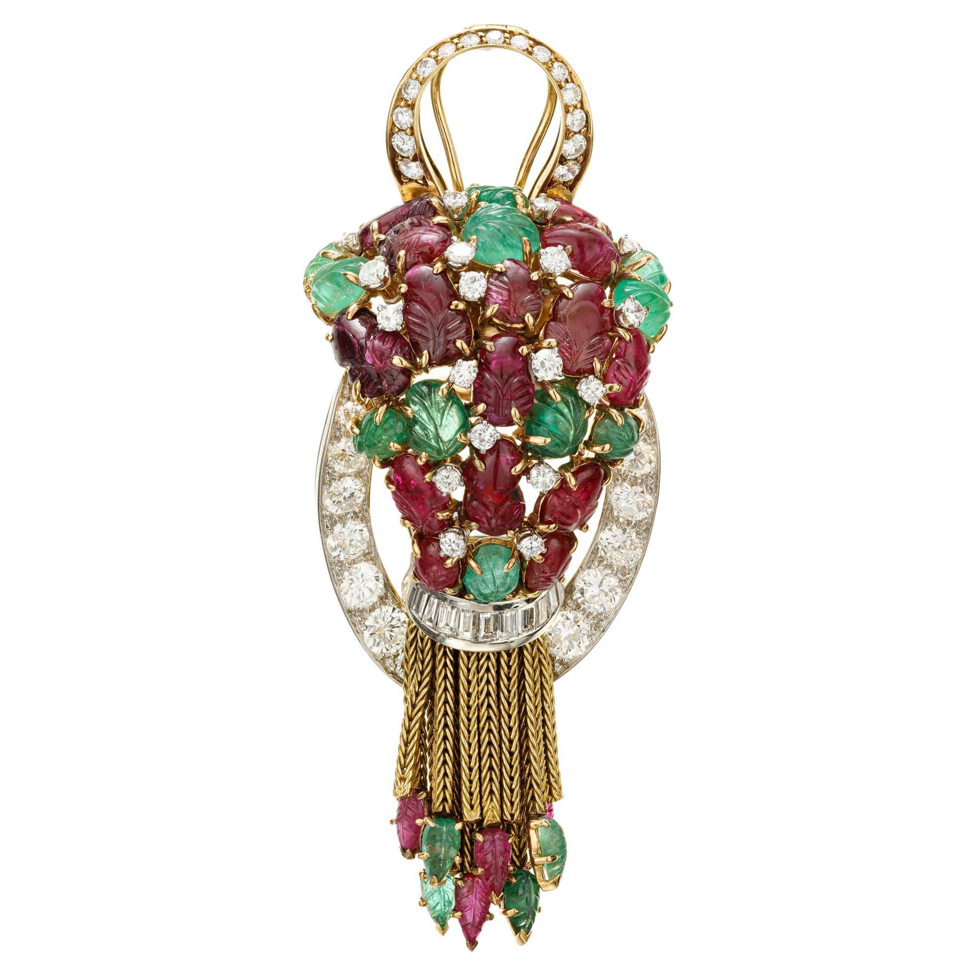 GIA Certified 16.15 Carat Ruby Emerald Diamond Cluster Gold Brooch Pendant For Sale