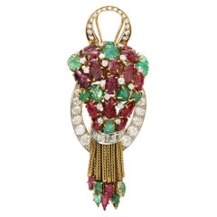 GIA Certified 16.15 Carat Ruby Emerald Diamond Cluster Gold Brooch Pendant