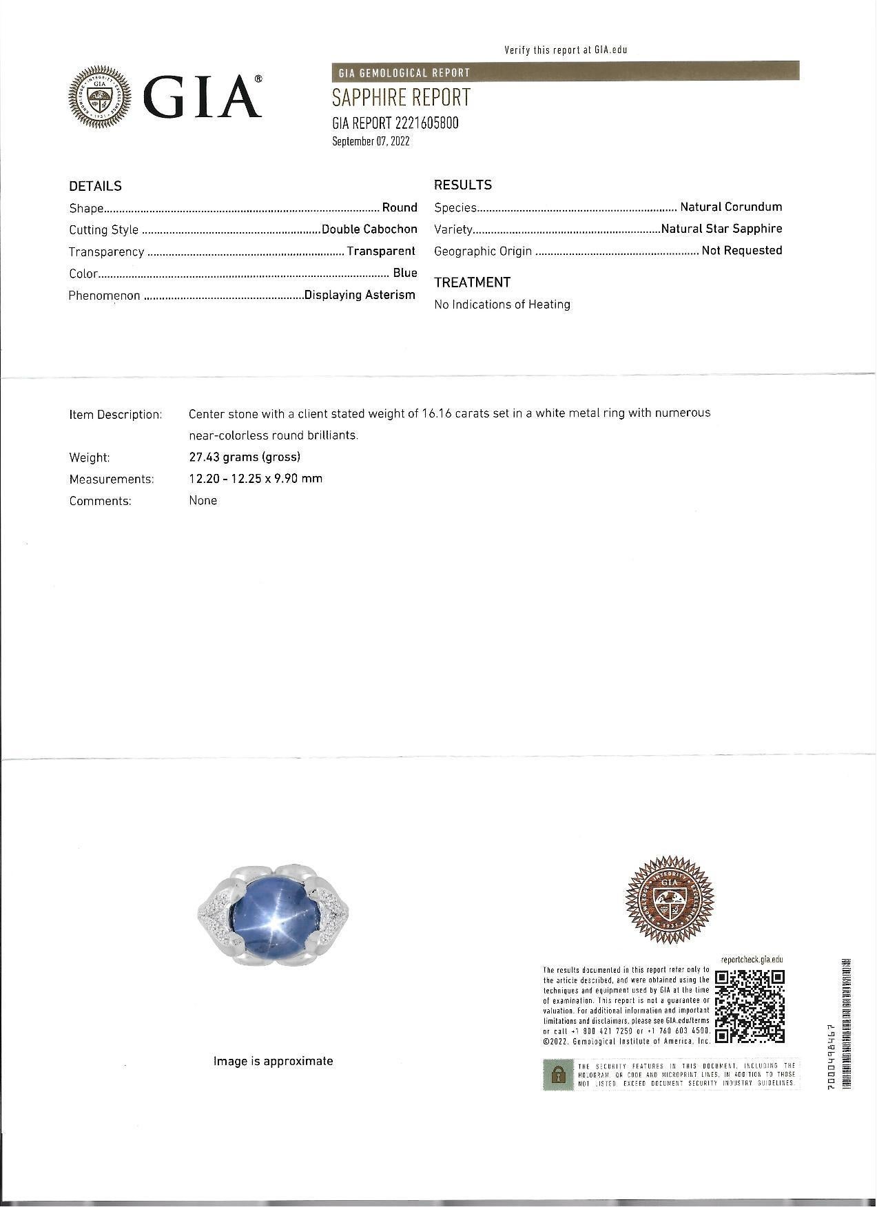 Artist GIA Certified 16.16 Carat Natural Unheated Star Sapphire Diamond Cocktail Ring For Sale