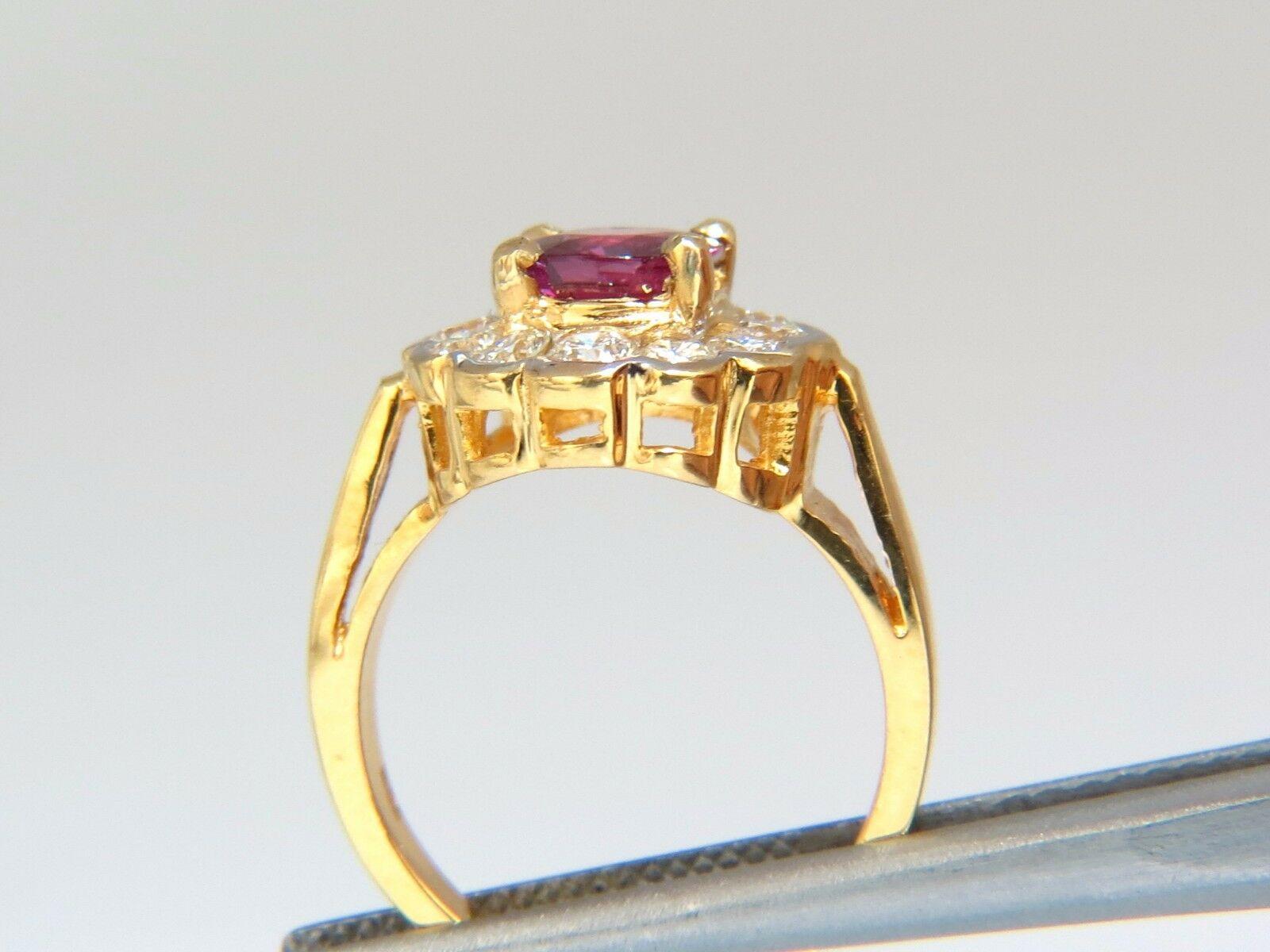 GIA Certified 1.61Ct Natural Ruby Ring

Report: 6177094723

Oval cut

Clean Clarity

8.53 X 6.50 X 3.15mm

GIA: Purpulish Red 

Heat Only.



1.01ct. side round diamonds.

G-color vs-2 clarity.

18kt. yellow gold

6.5 Grams.



Rings Size: 

7 &