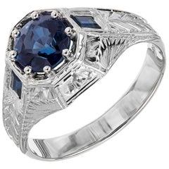 Antique GIA Certified 1.62 Carat Blue Sapphire White Gold Men's Ring