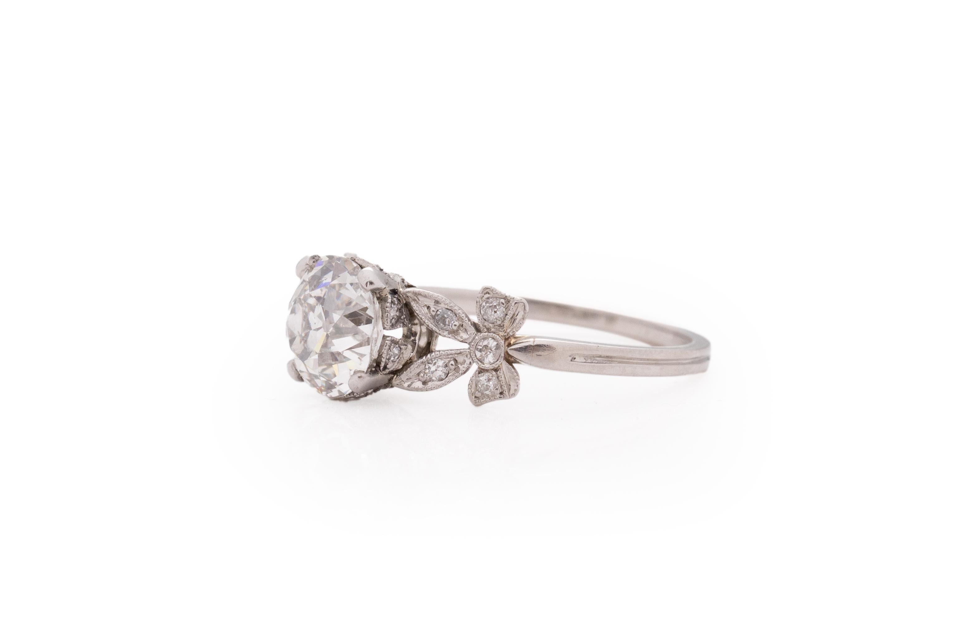 Ring Size: 6.25
Metal Type: Platinum [Hallmarked, and Tested]
Weight: 3.2 grams

Center Diamond Details:
GIA REPORT #:6382414112
Weight: 1.62 carat
Cut: Antique Cushion
Color: J
Clarity: SI2
Measurements: mm

Side Stone Details:
Weight: .15 carat,