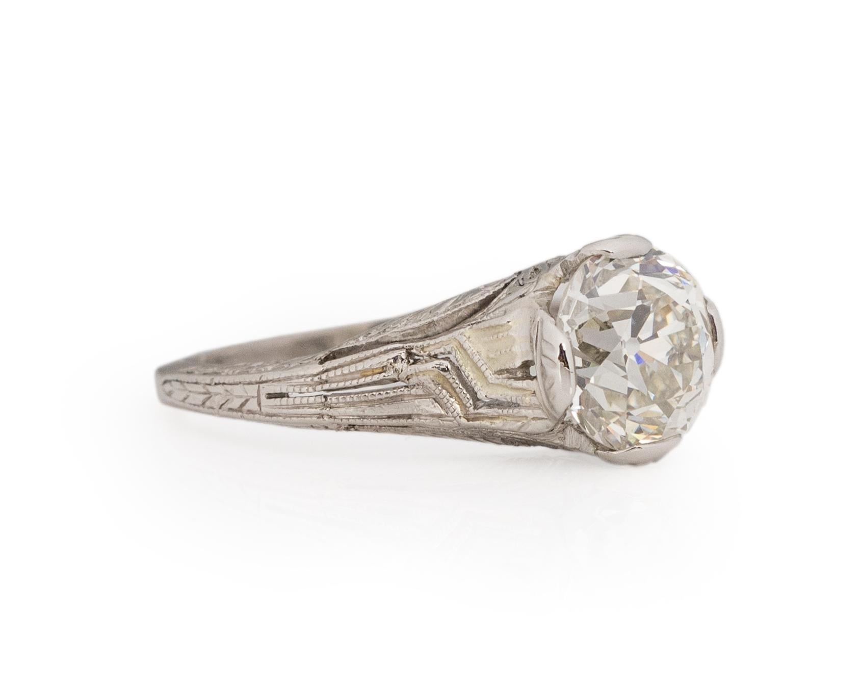 Ring Size: 5
Metal Type: Platinum [Hallmarked, and Tested]
Weight: 3.0 grams

Center Diamond Details:
GIA REPORT #: 6214948383
Weight: 1.62carat
Cut: Old European brilliant
Color: K
Clarity: SI1

Finger to Top of Stone Measurement: 6mm
Condition: