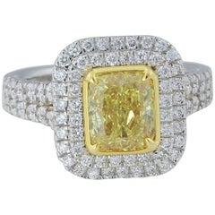 GIA Certified 1.63 Carat Cushion Cut Natural Fancy Intense Yellow Diamond Ring