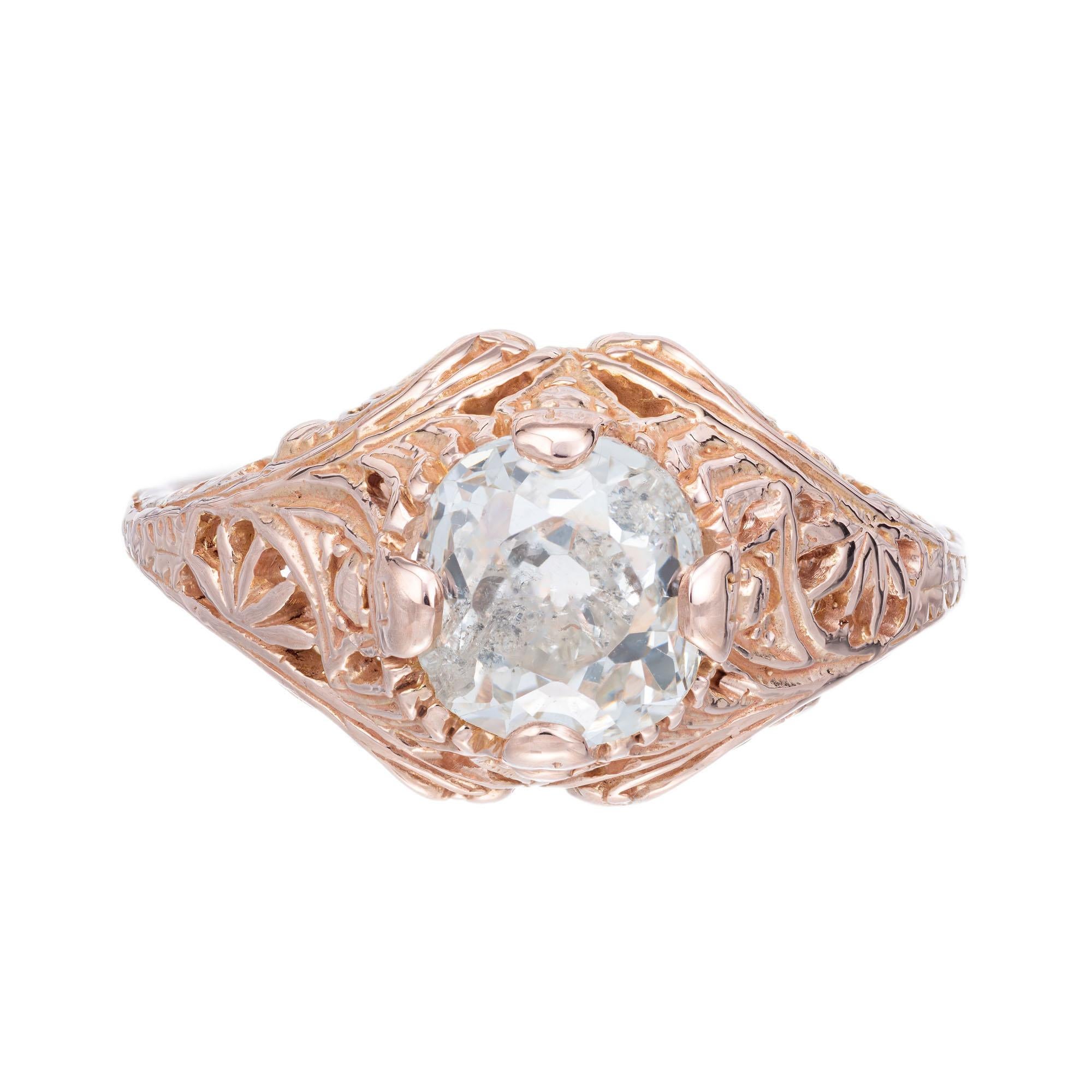 Original Antique 1890's old mine brilliant cut diamond engagement ring in its original rose gold filigree setting. GIA certified center stone. 

1 old mine brilliant cut diamond M, I2, approx. 1.63cts GIA Certificate # 5182184645
Size 7.5 and