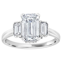 GIA Certified 1.63 Carat Emerald Cut Three Stone 14K White Gold Diamond Ring