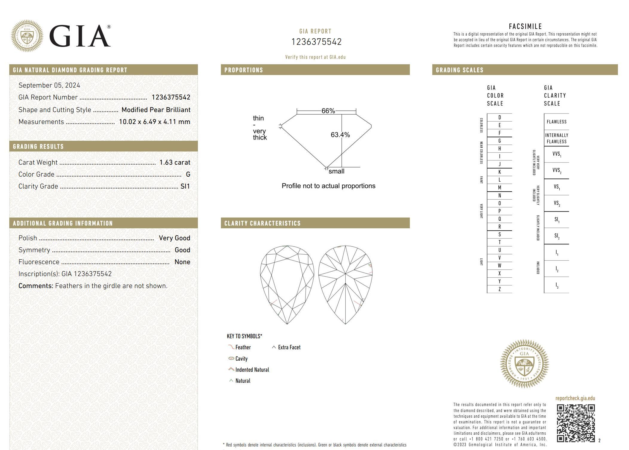 De las mujeres Anillo de compromiso de diamantes naturales con certificado GIA de 1,63 quilates G SI1 en forma de pera en venta