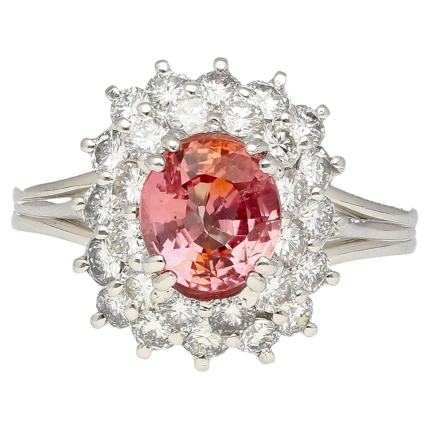 GIA Certified 1.63 Carat Padparadscha Sapphire and Diamond Halo Set Cluster Ring