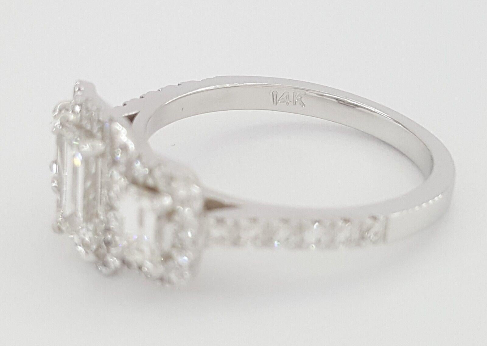 Women's GIA Certified 1.63 Carat Total Weight Three-Stone Emerald Cut Diamond Halo Ring For Sale
