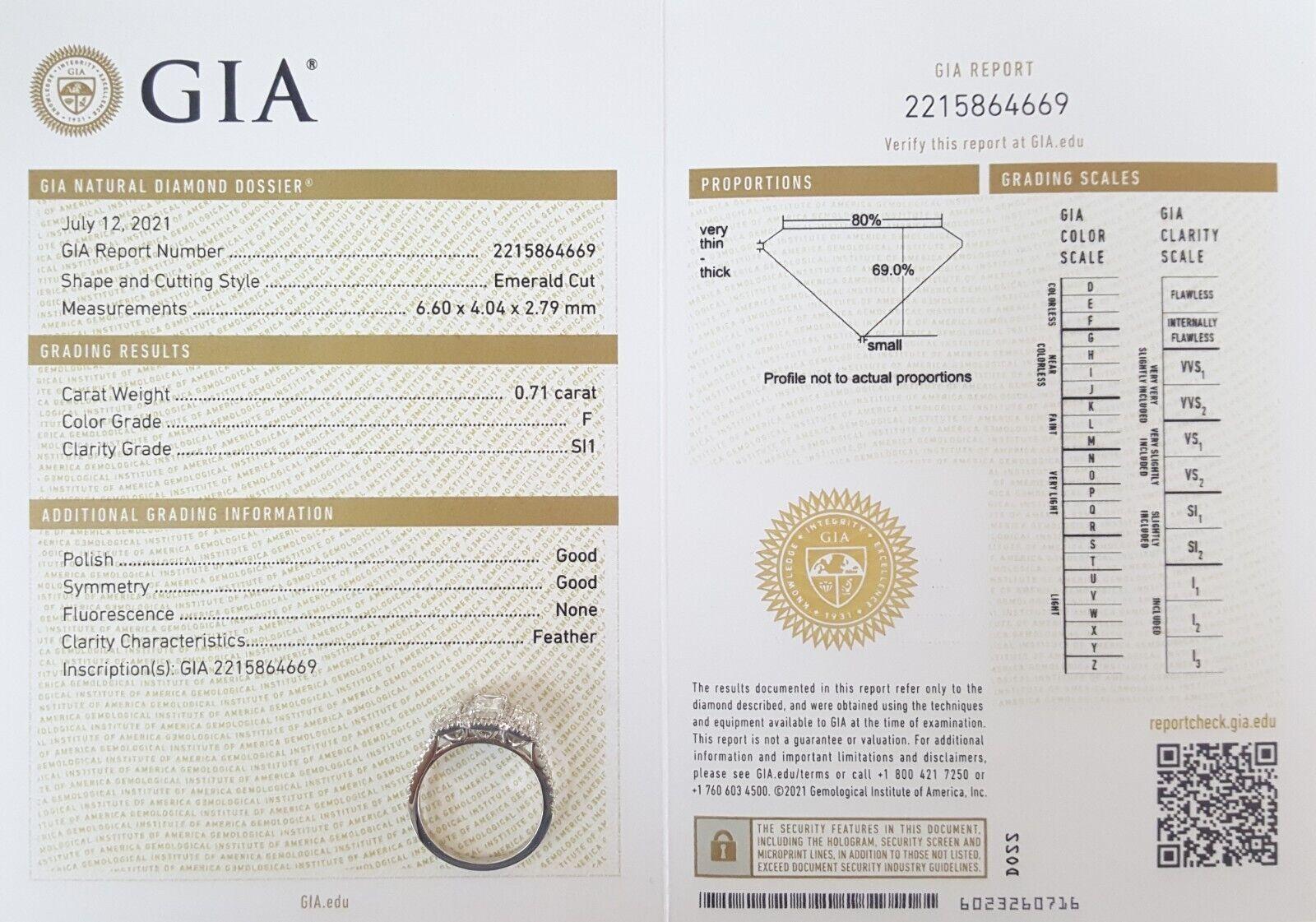GIA Certified 1.63 Carat Total Weight Three-Stone Emerald Cut Diamond Halo Ring For Sale 1