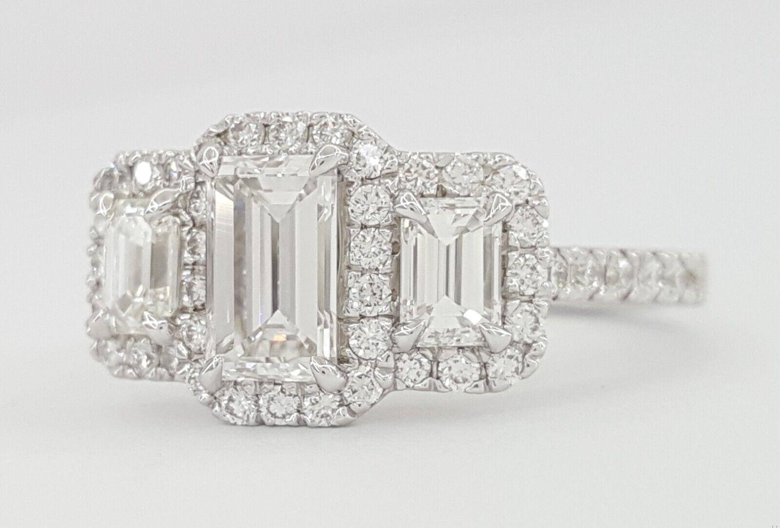 GIA Certified 1.63 Carat Total Weight Three-Stone Emerald Cut Diamond Halo Ring For Sale 2