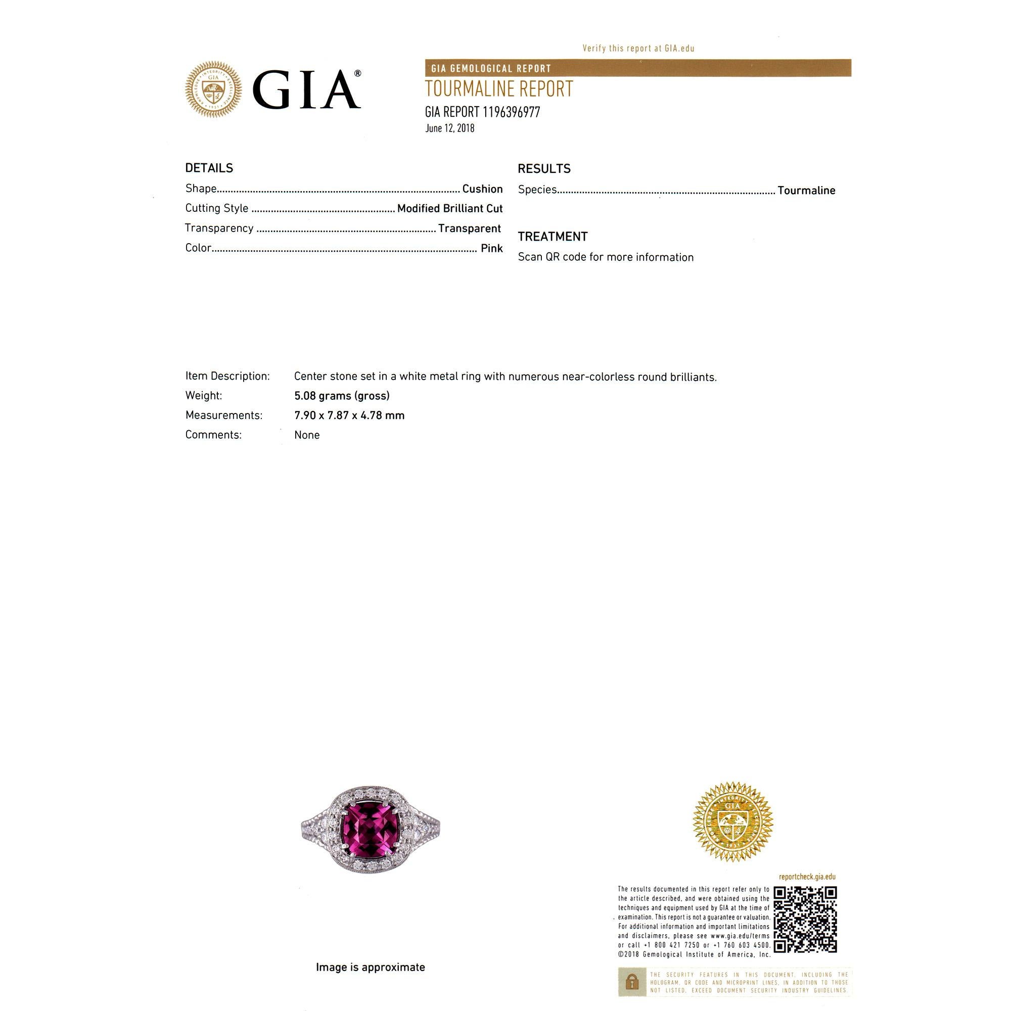 GIA Certified 1.63 Carat Tourmaline Diamond Halo White Gold Engagement Ring For Sale 1