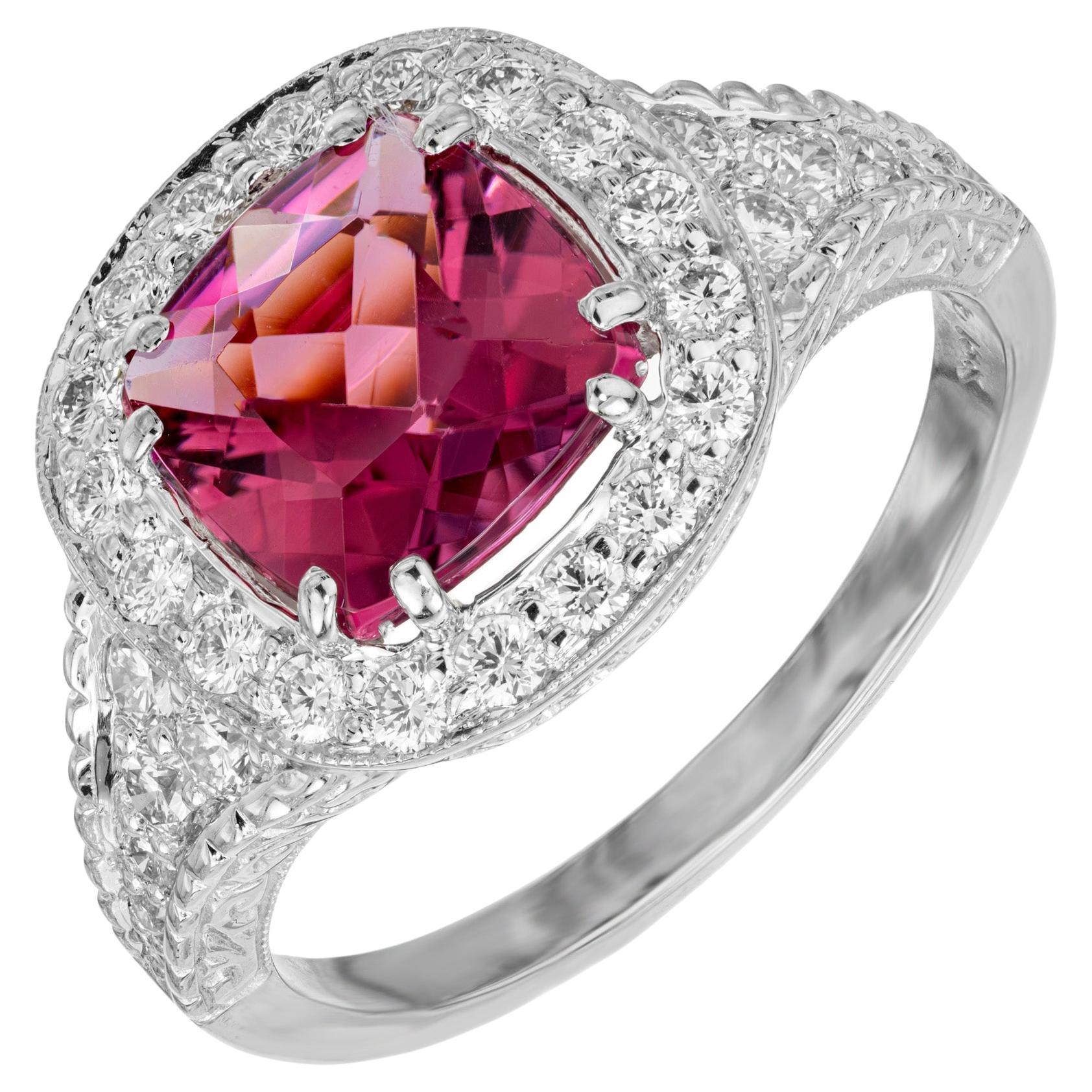 Bague de fiançailles en or blanc avec halo de diamants et tourmaline de 1,63 carat certifiée par le GIA