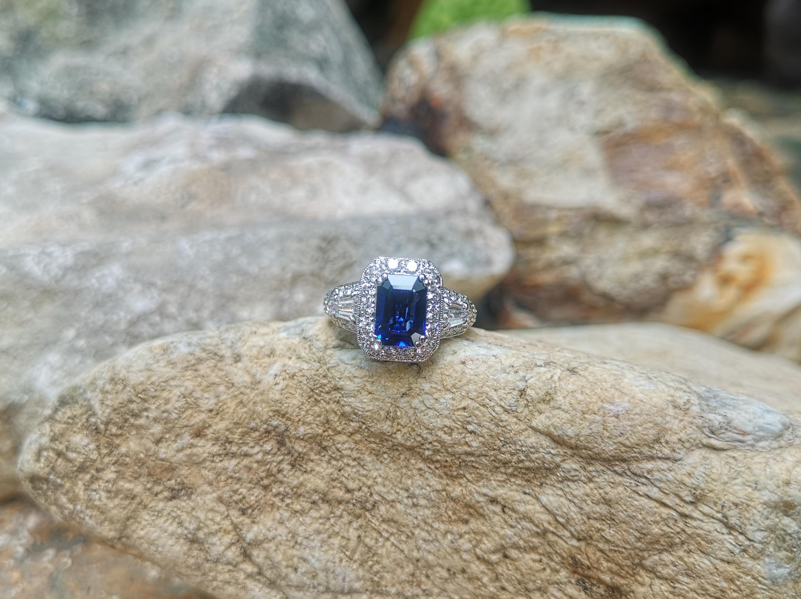 Emerald Cut GIA Certified 1.83 Cts Blue Sapphire with Diamond Ring Set in Platinum 950 For Sale