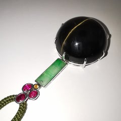 GIA Certified 163.55 Carat Apatite Cat's Eye, Jadeite & Ruby Pendant