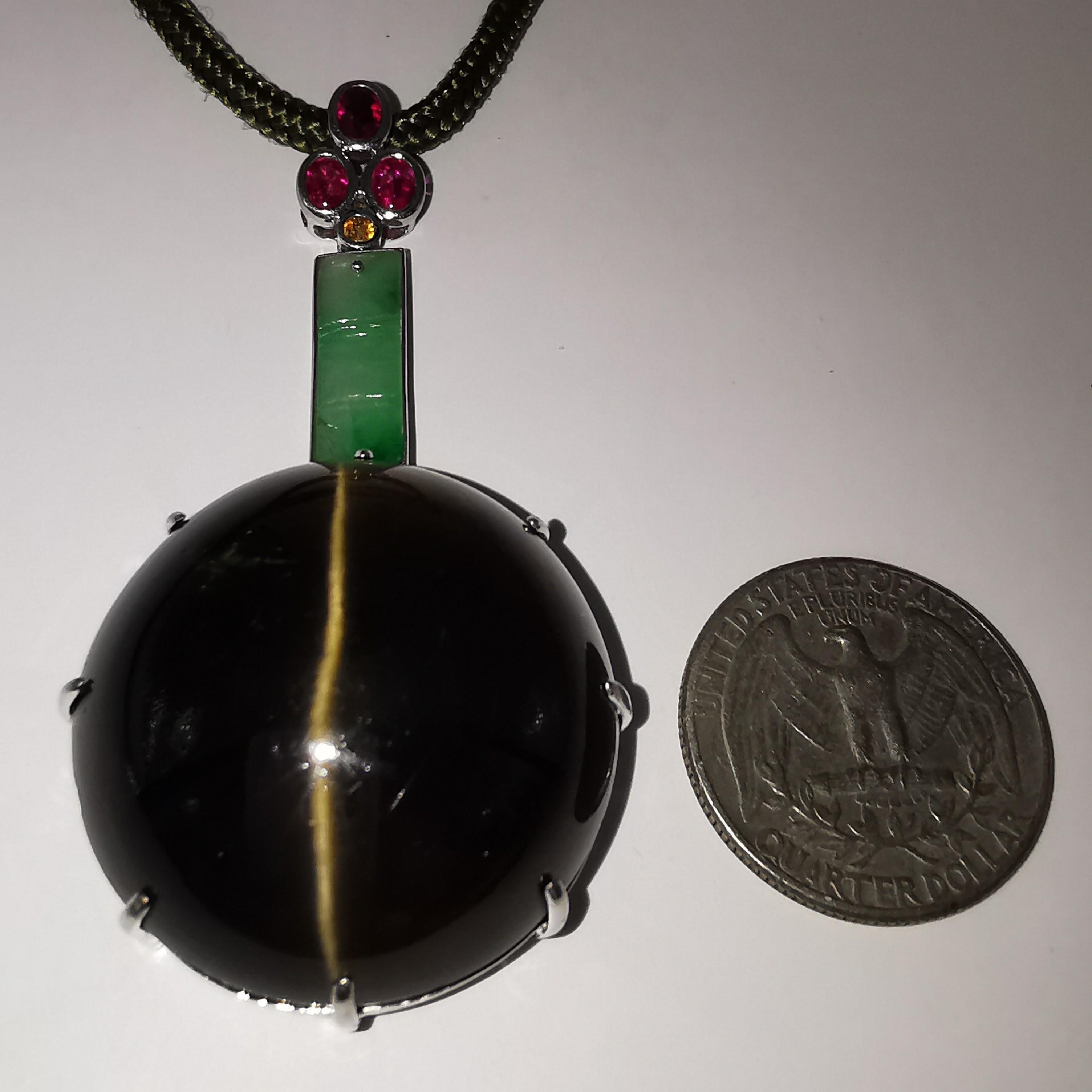 GIA Certified 163.55 Carat Apatite Cat's Eye, Jadeite & Ruby Pendant In New Condition For Sale In Wan Chai District, HK