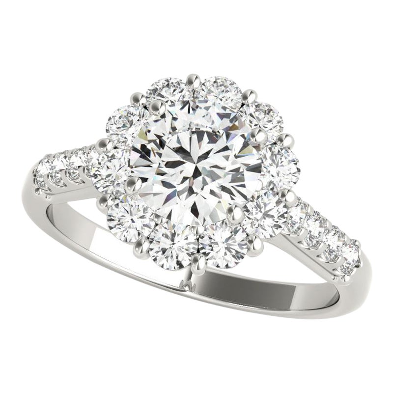 Bague en platine à diamants certifiée GIA de 1,63 ct de diamants ronds Flower Halo Cluster