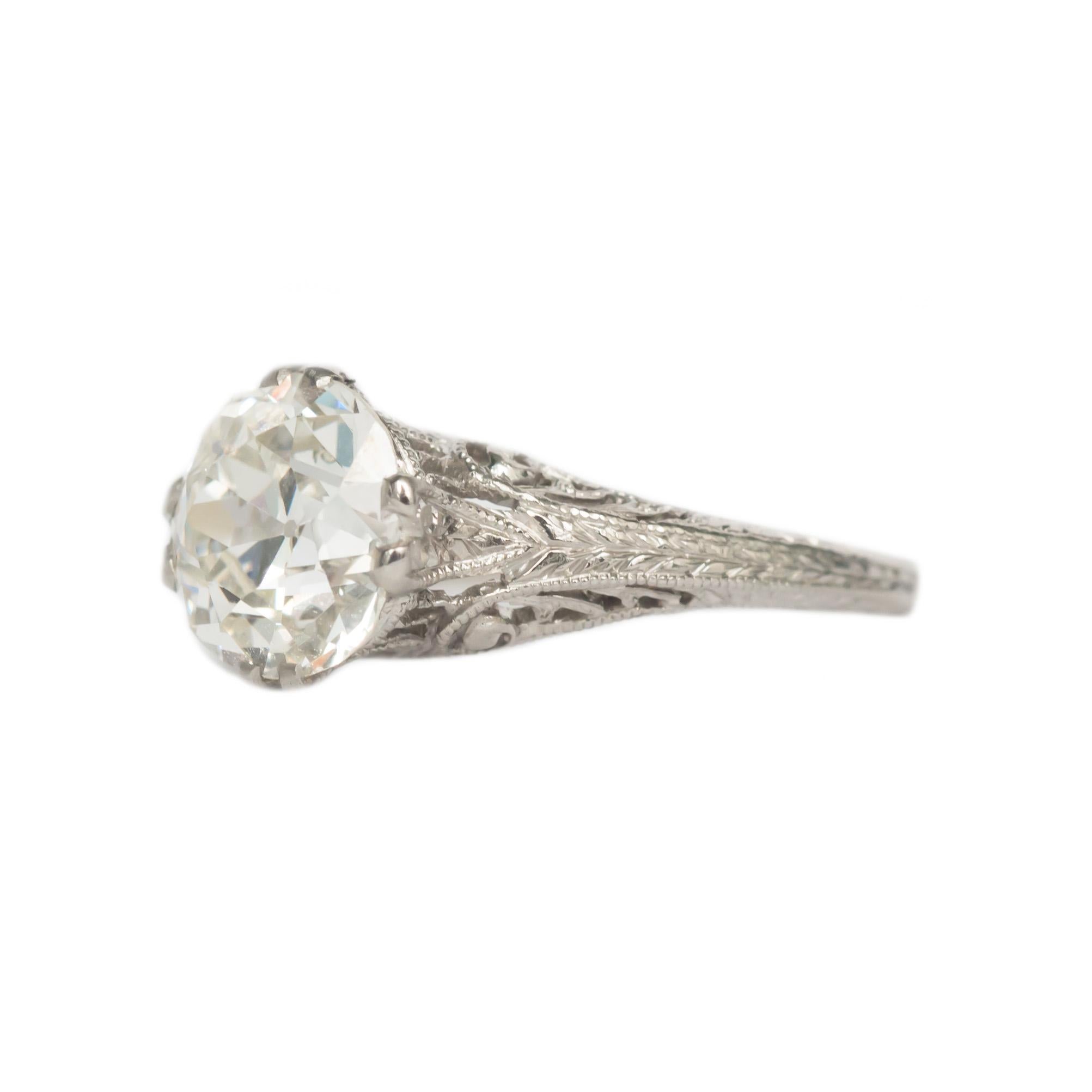 Ring Size: 4.25
Metal Type: Platinum  [Hallmarked, and Tested]
Weight: 2.8 grams

Center Diamond Details:
GIA REPORT #2205738437 
Weight: 1.64 carat
Cut: Antique Cushion
Color: J 
Clarity: VS1

Finger to Top of Stone Measurement: 5.90mm
Condition: 
