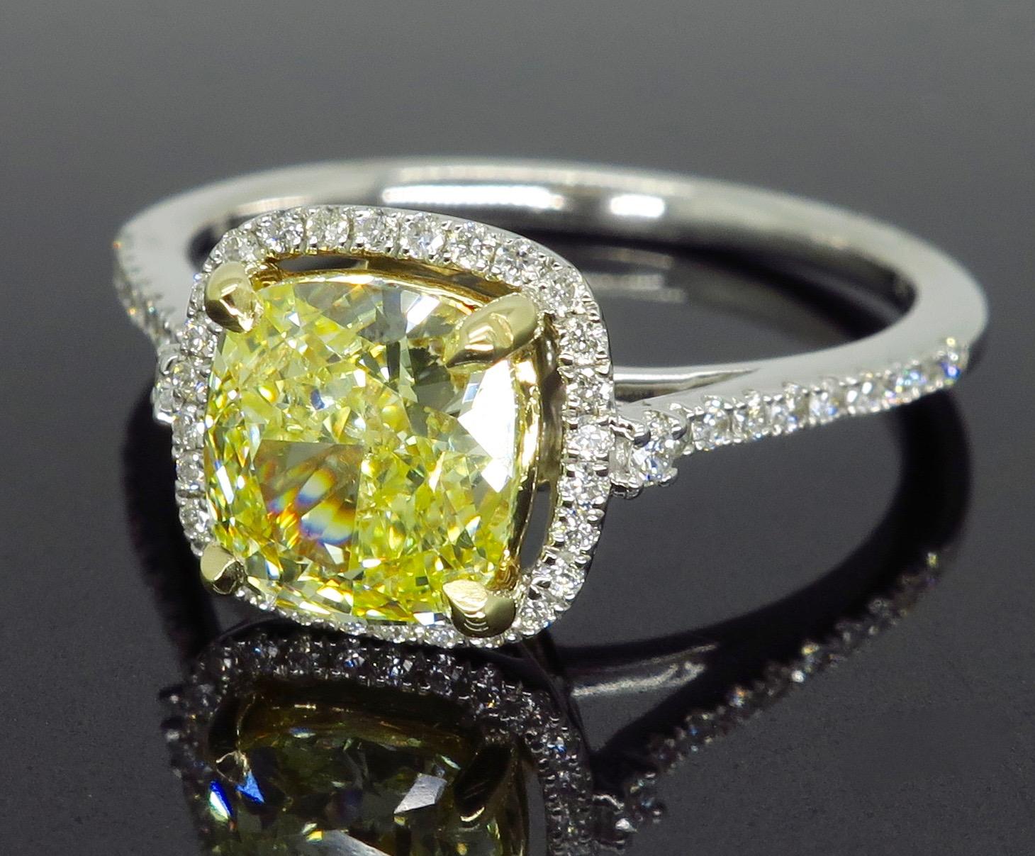 GIA Certified 1.64 Carat Fancy Yellow Diamond Halo Engagement Ring In New Condition In Webster, NY