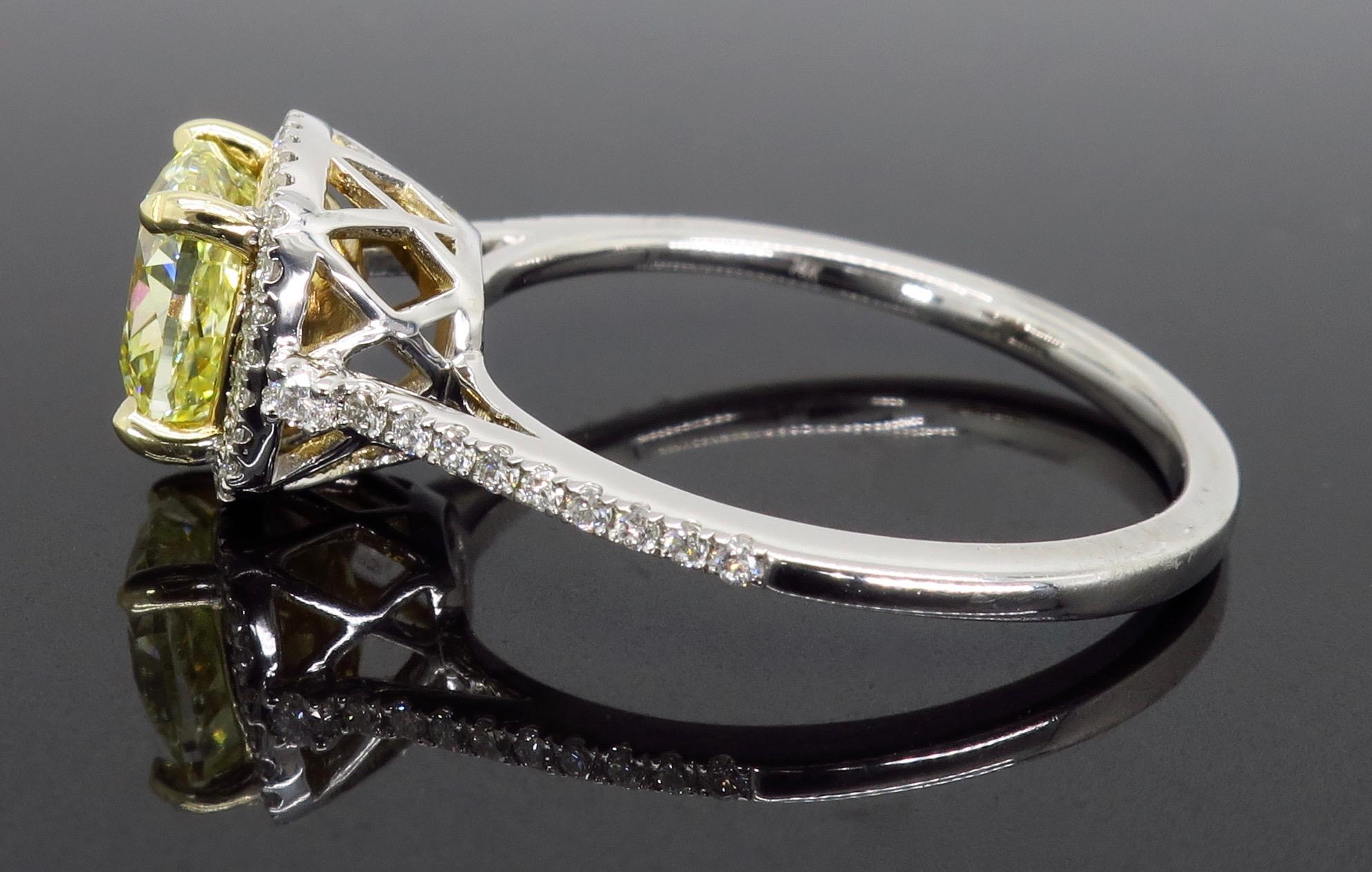 Women's or Men's GIA Certified 1.64 Carat Fancy Yellow Diamond Halo Engagement Ring