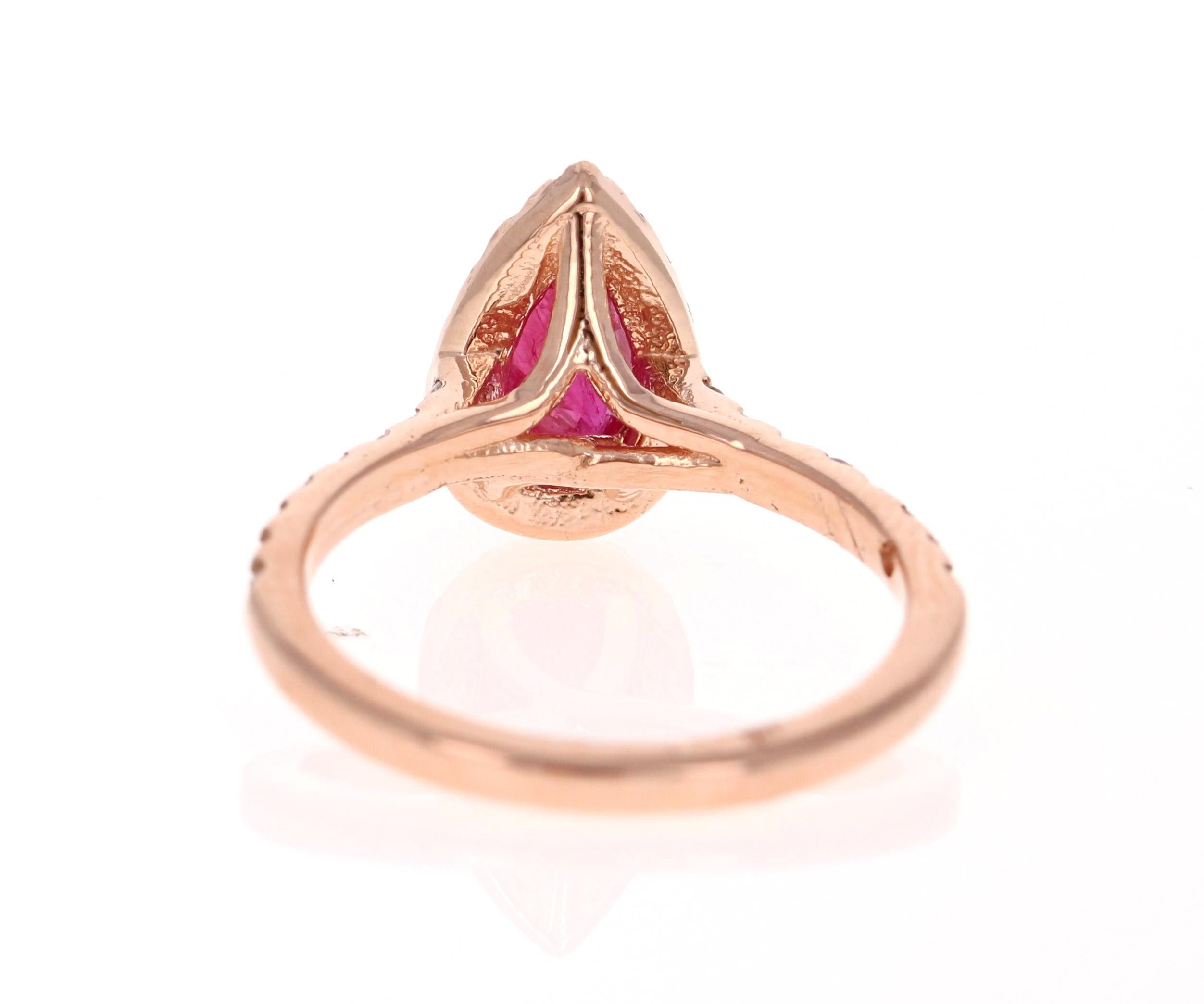 Pear Cut GIA Certified 1.64 Carat Ruby Diamond 14 Karat Rose Gold Bridal Ring