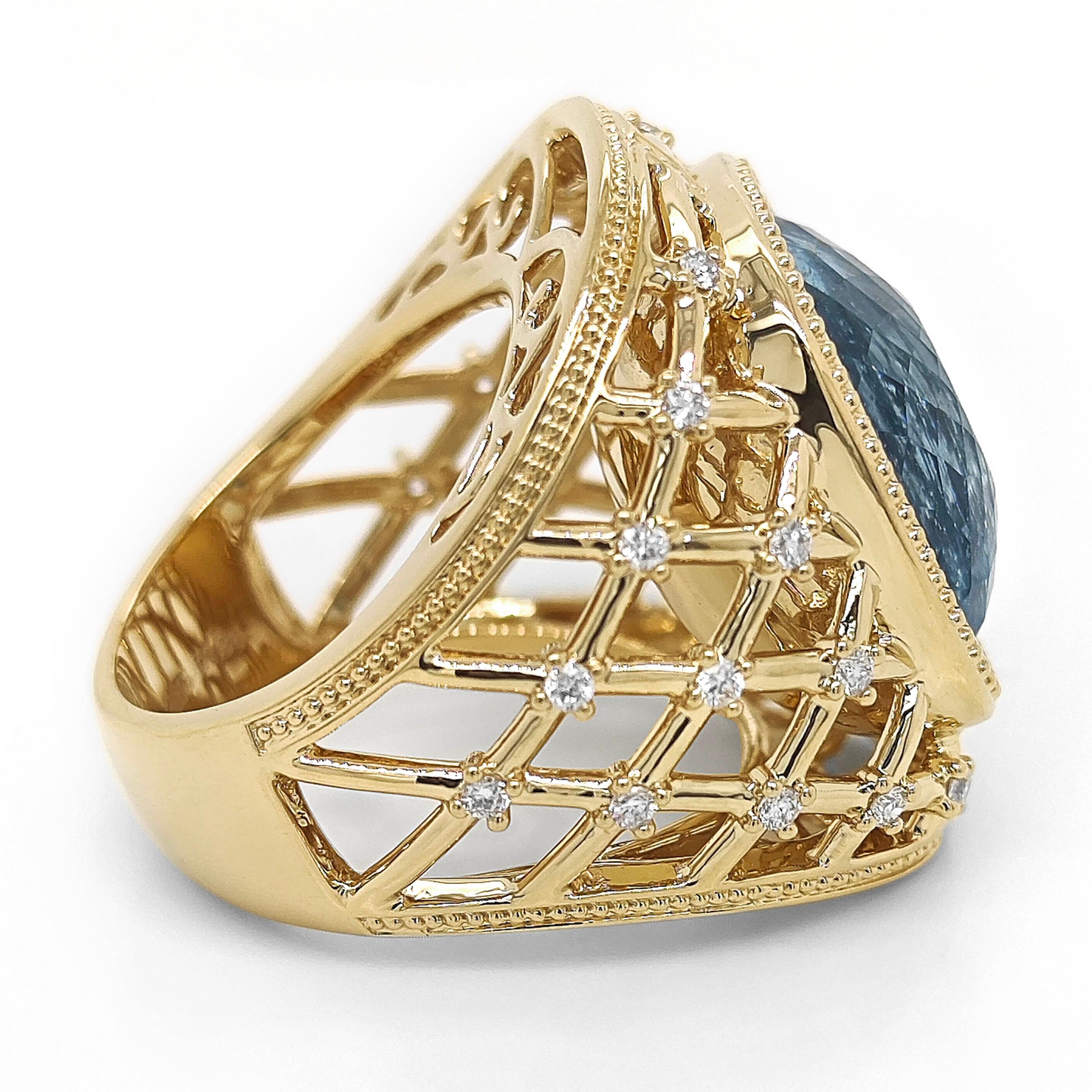 1 Aquamarine Gemstone: 16.06 Carats
24 White Round Diamonds: 0.36 Carats
Metal: 18K Yellow Gold, 20.70 Grams
GIA Certificate # 5231466127