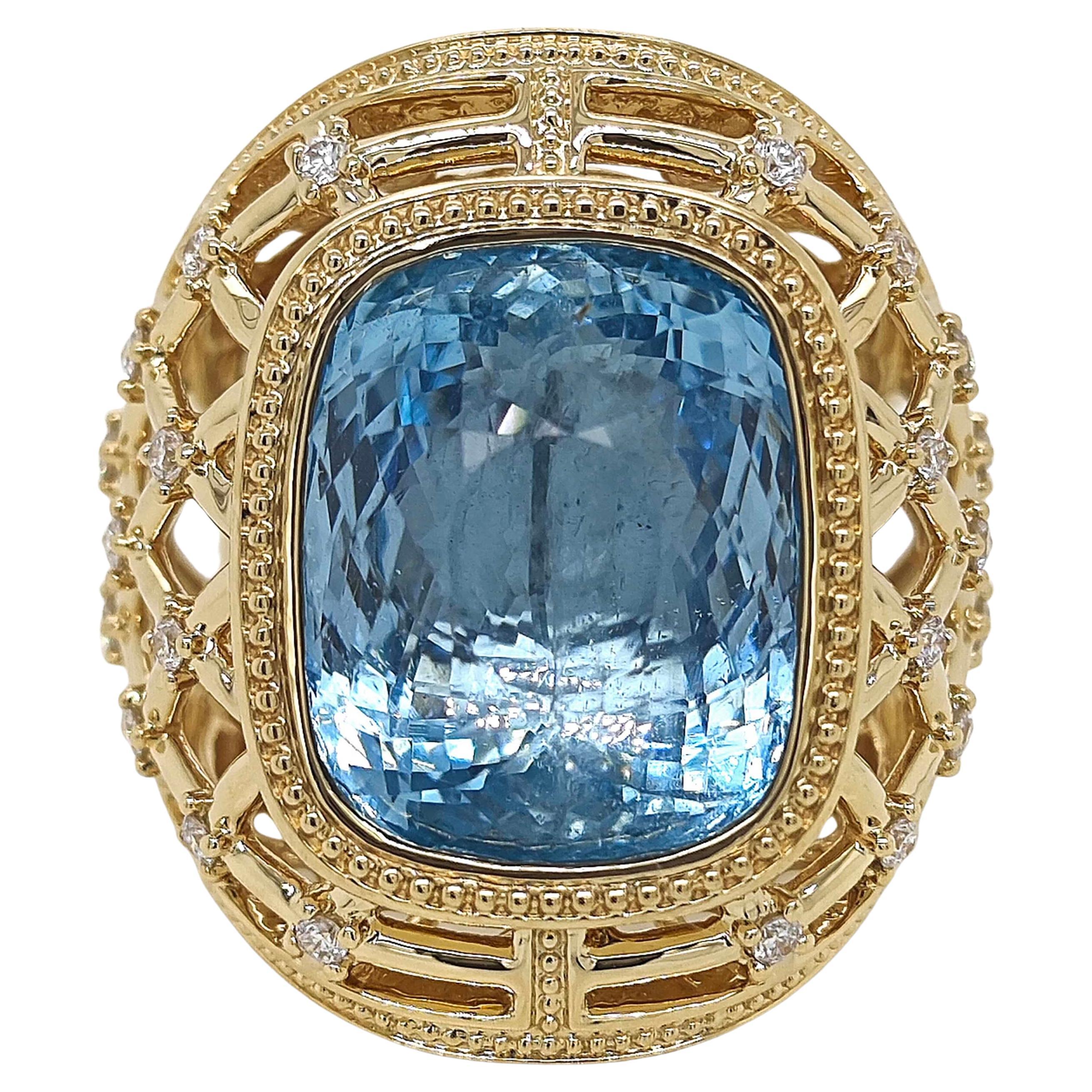 GIA Certified 16.42 Carat Aquamarine and White Diamond Yellow Gold Ring For Sale