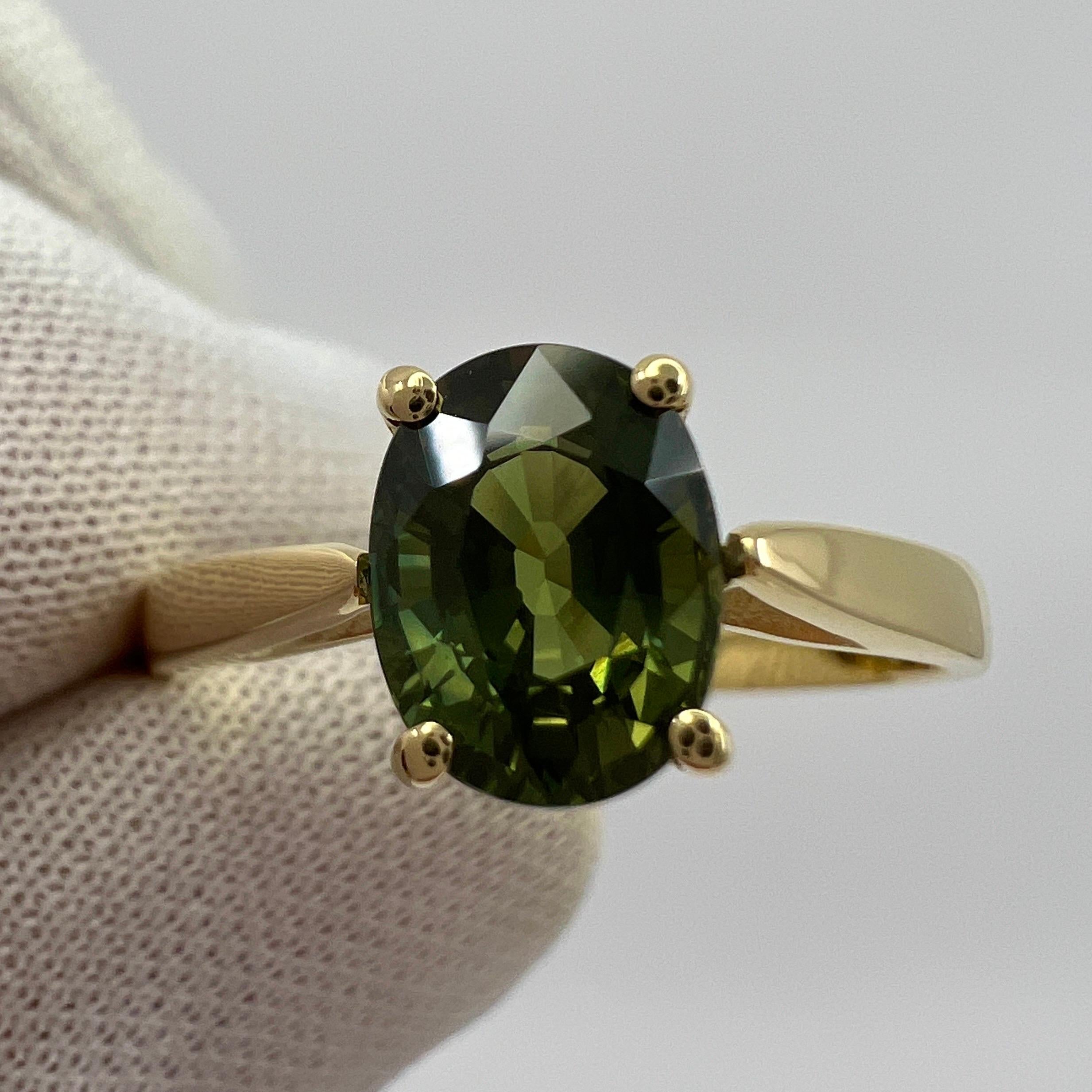 Oval Cut GIA Certified 1.64ct Australian Green Sapphire 18k Yellow Gold Solitaire Ring