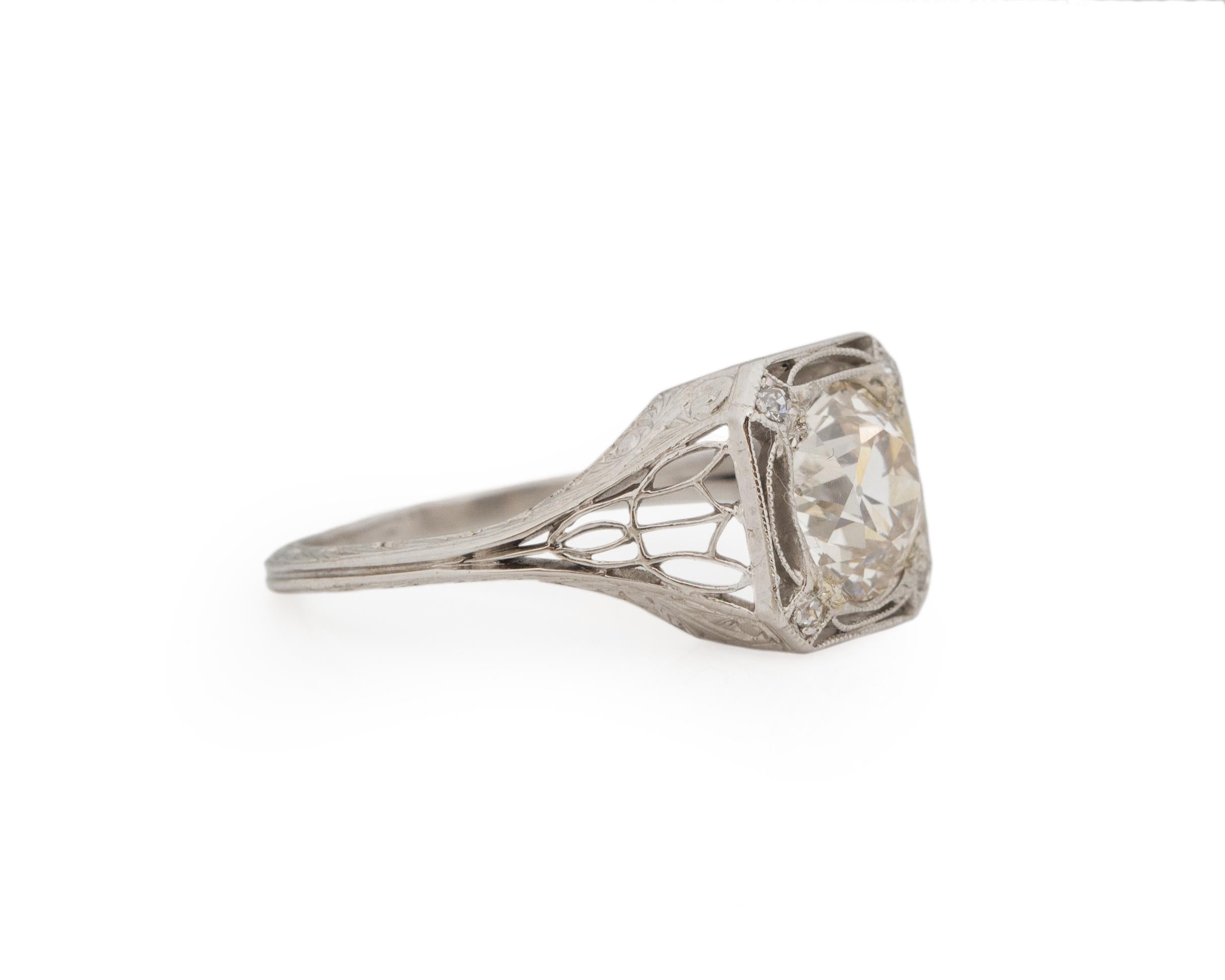 Ring Size: 5.5
Metal Type: Platinum [Hallmarked, and Tested]
Weight: 3.0 grams

Center Diamond Details:
GIA REPORT #: 6224117804
Weight: 1.65ct
Cut: Old European brilliant
Color: M
Clarity: VS2
Measurements: 7.40mmx 7.23mm x 4.83mm

Side Stone