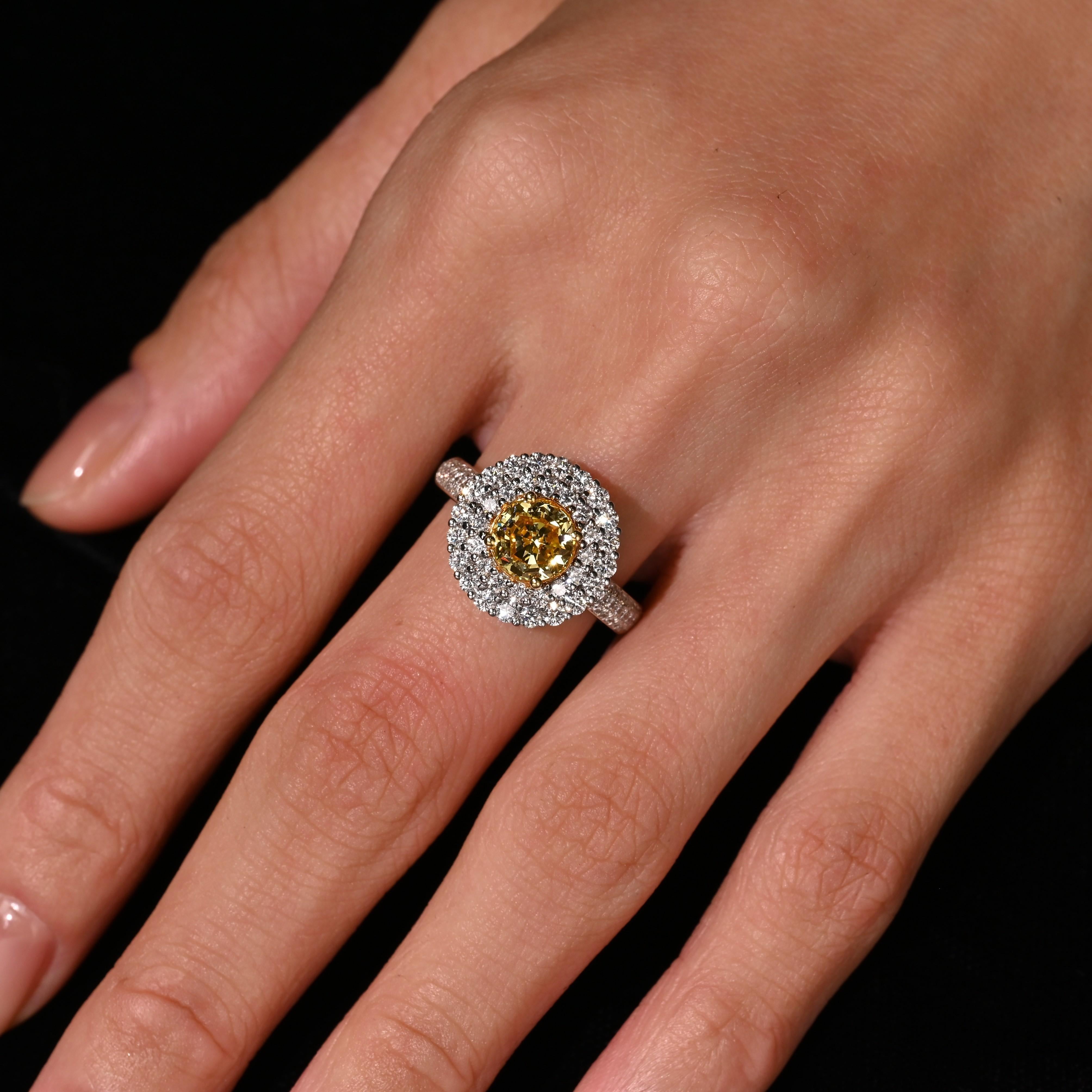 Modern GIA Certified 1.65 Carat Fancy Intense Yellow Diamond Double Halo Ring For Sale
