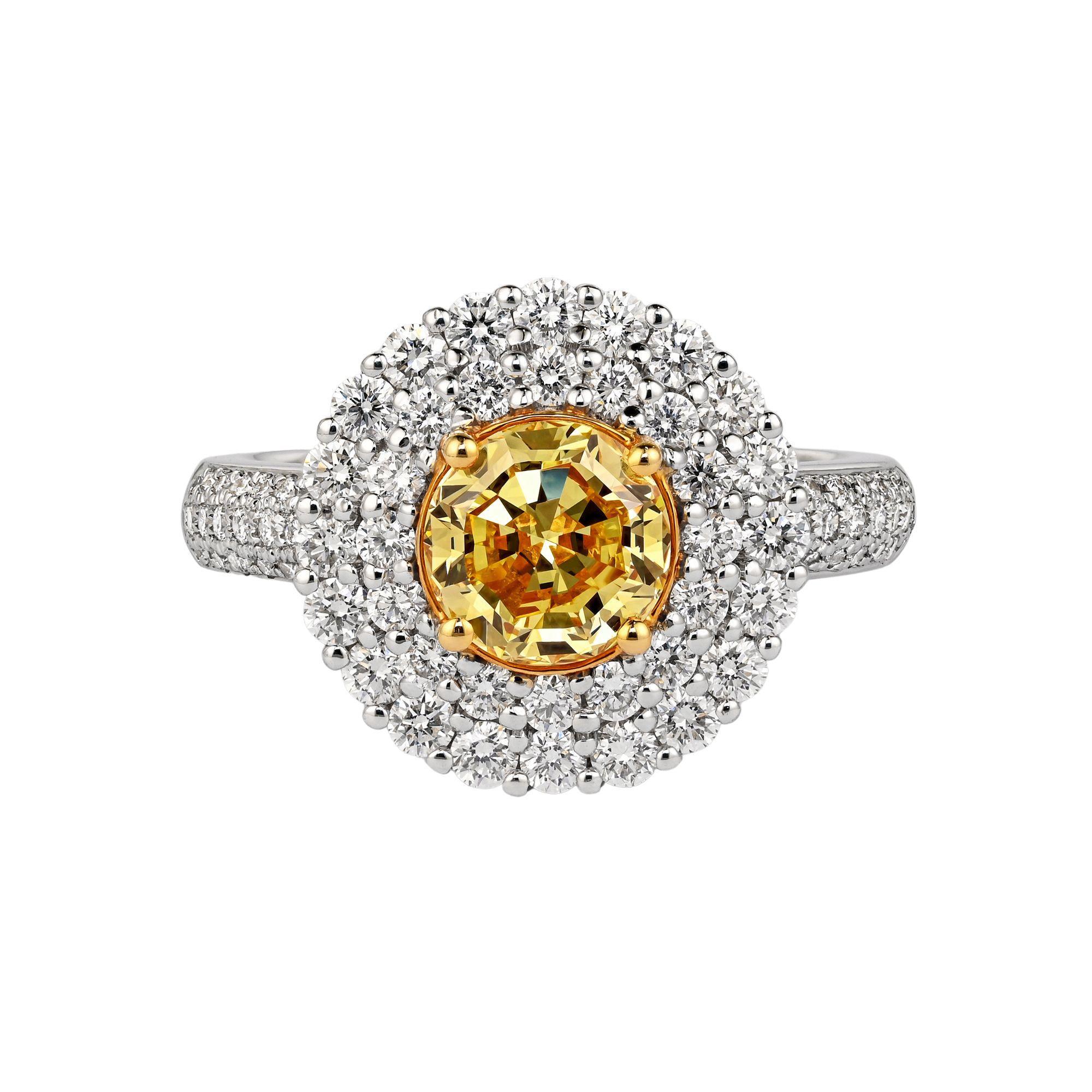 Brilliant Cut GIA Certified 1.65 Carat Fancy Intense Yellow Diamond Double Halo Ring For Sale
