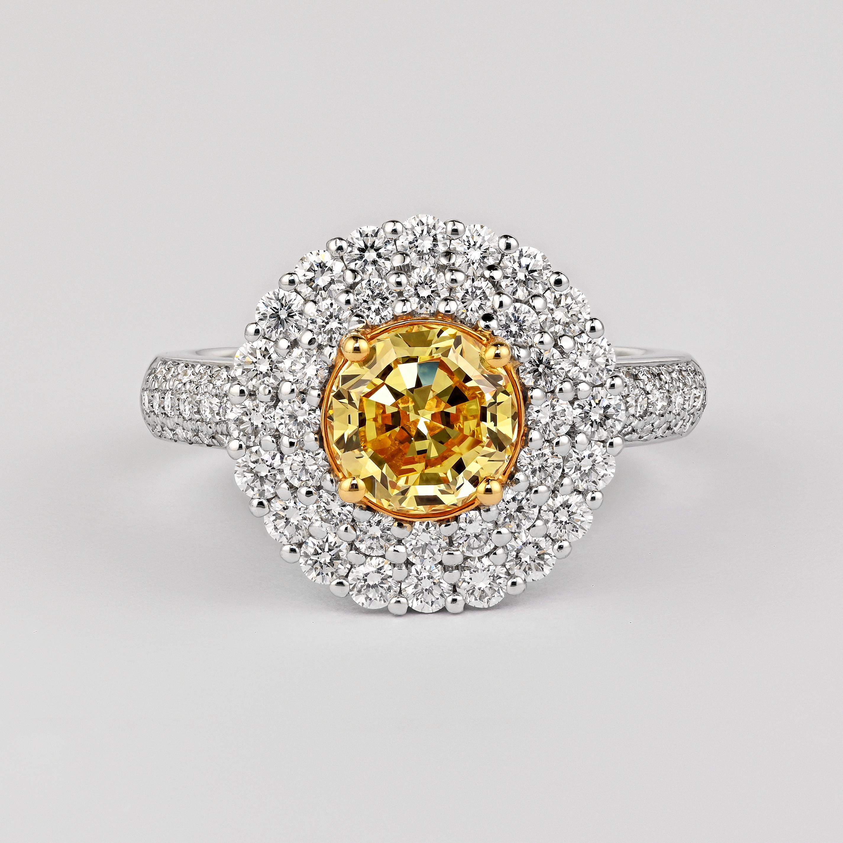 GIA Certified 1.65 Carat Fancy Intense Yellow Diamond Double Halo Ring In Good Condition For Sale In Miami, FL
