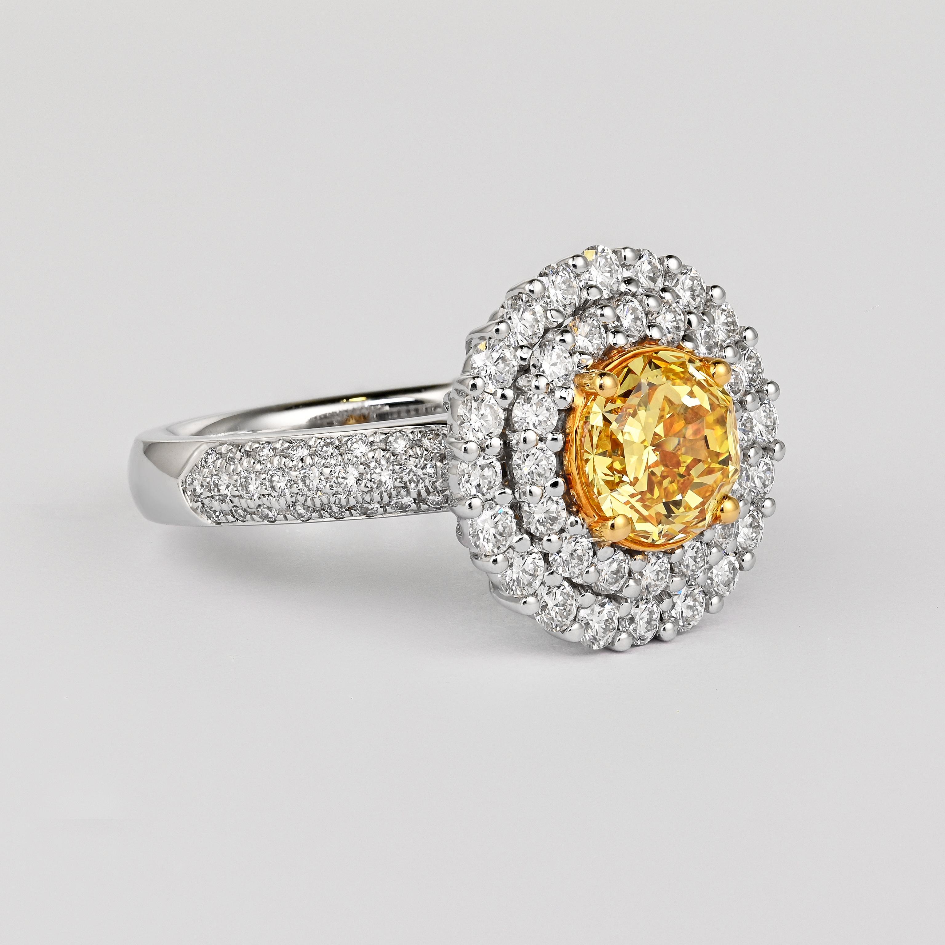 Women's GIA Certified 1.65 Carat Fancy Intense Yellow Diamond Double Halo Ring For Sale