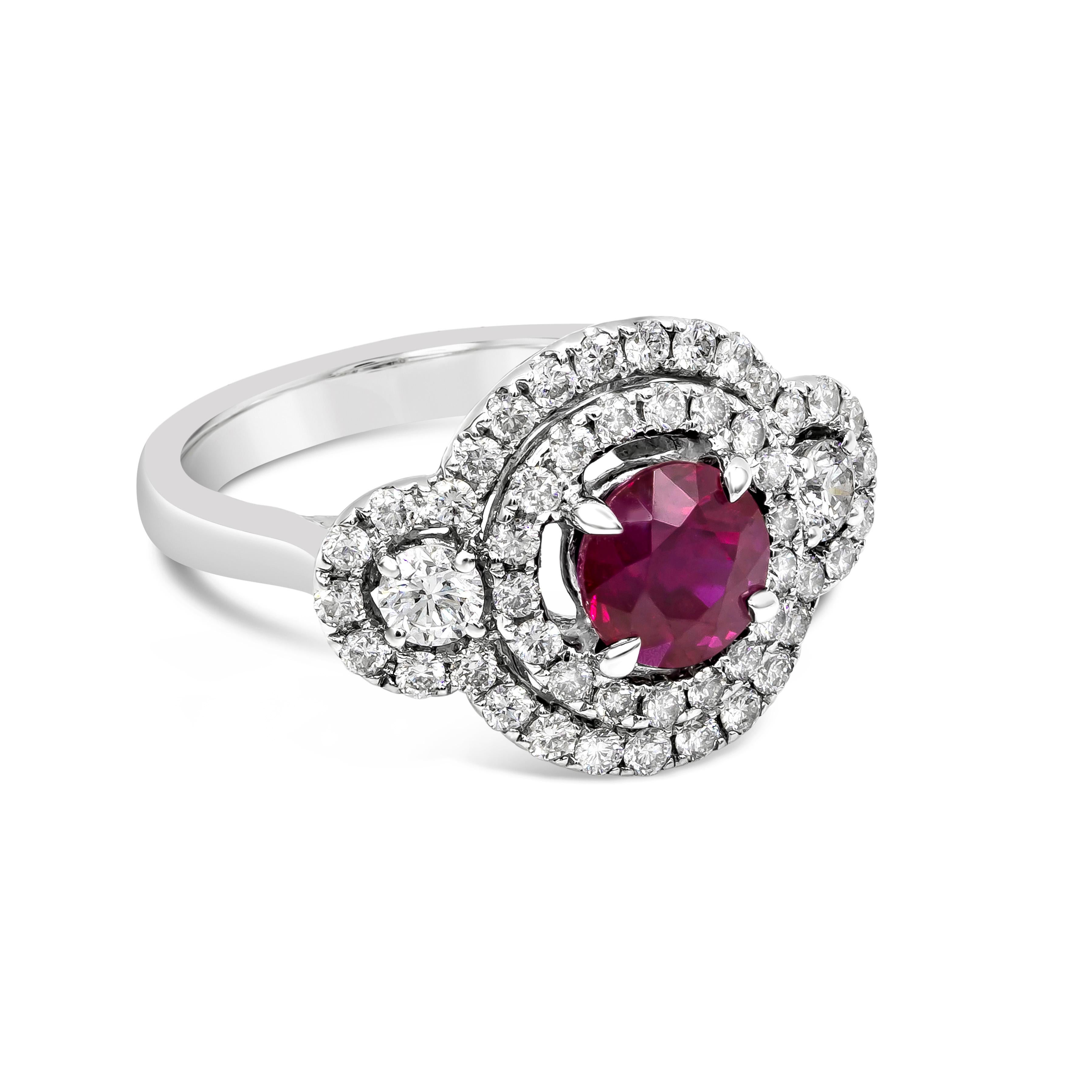 A stylish engagement ring showcasing a Burmese Origin GIA Certified 1.65 carat color-rich ruby, surrounded by two rows of round brilliant diamonds. Flanked on each side by a round brilliant diamond. Diamonds weigh 1.62 carats total. Made with 18K