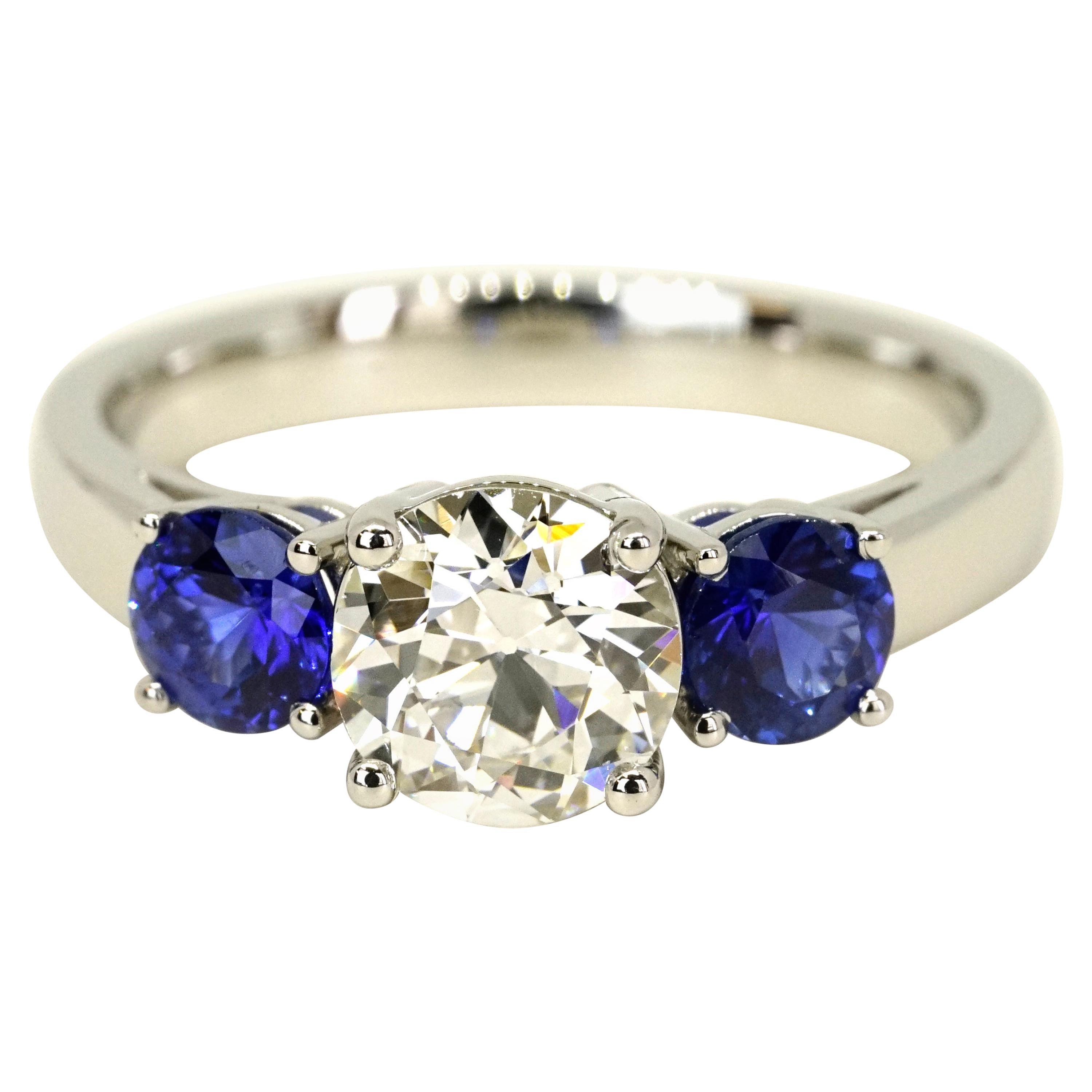 GIA Certified 1.65 Carats Old European Cut Diamond and Sapphires Ring For Sale