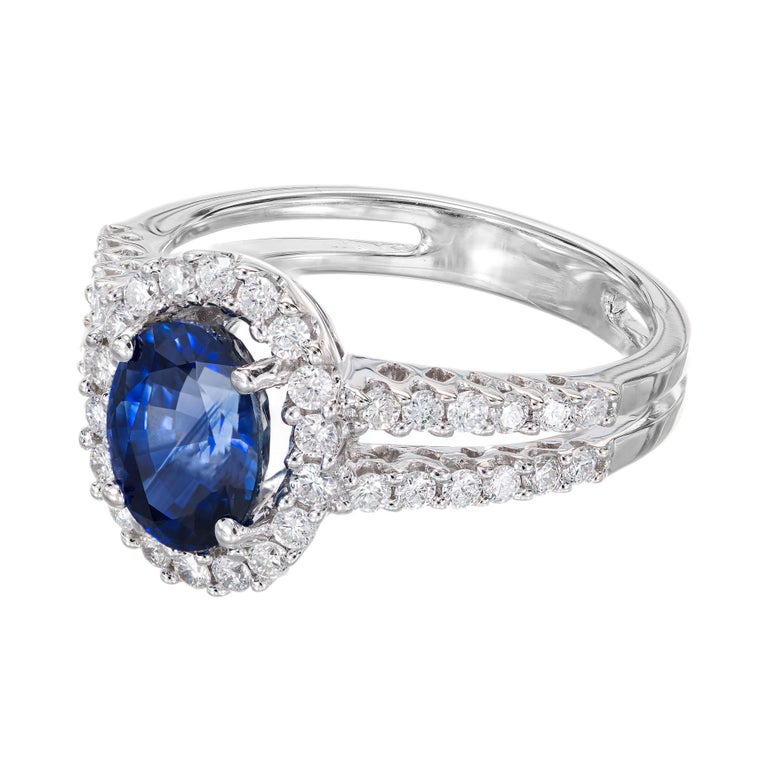 Oval Cut GIA Certified 1.65 Cornflower Blue Sapphire Diamond Gold Halo Engagement Ring For Sale