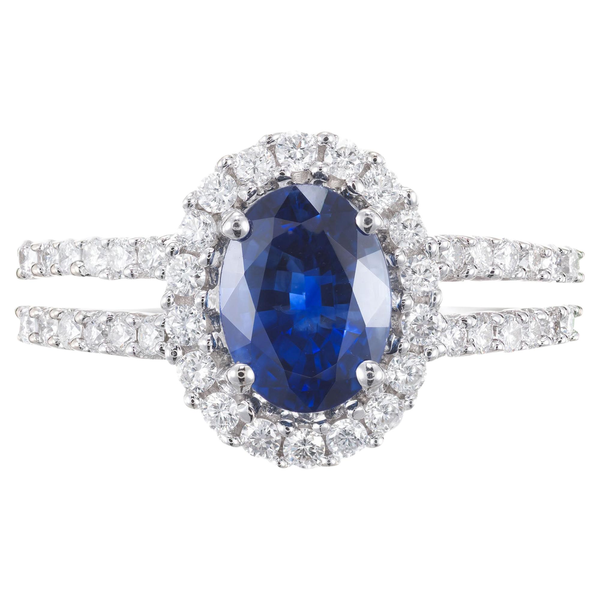 GIA Certified 1.65 Cornflower Blue Sapphire Diamond Gold Halo Engagement Ring