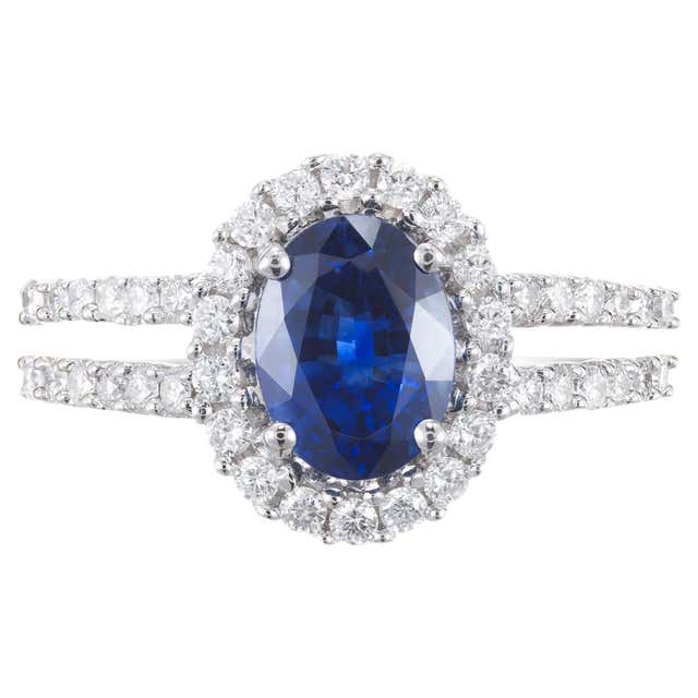Royal Blue Sapphire Halo Diamond Gold Engagement Ring For Sale at ...
