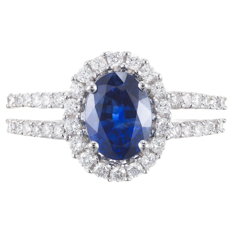 GIA Certified 1.65 Cornflower Blue Sapphire Diamond Gold Halo Engagement Ring For Sale
