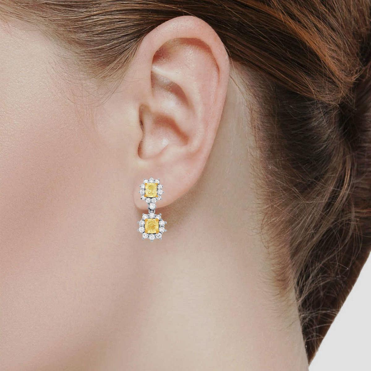 GIA-zertifizierter 1,65 gelber Diamant 18k Weiß & 22k Gelb  Gold Tropfen Halo-Ohrring aus Gold Damen im Angebot