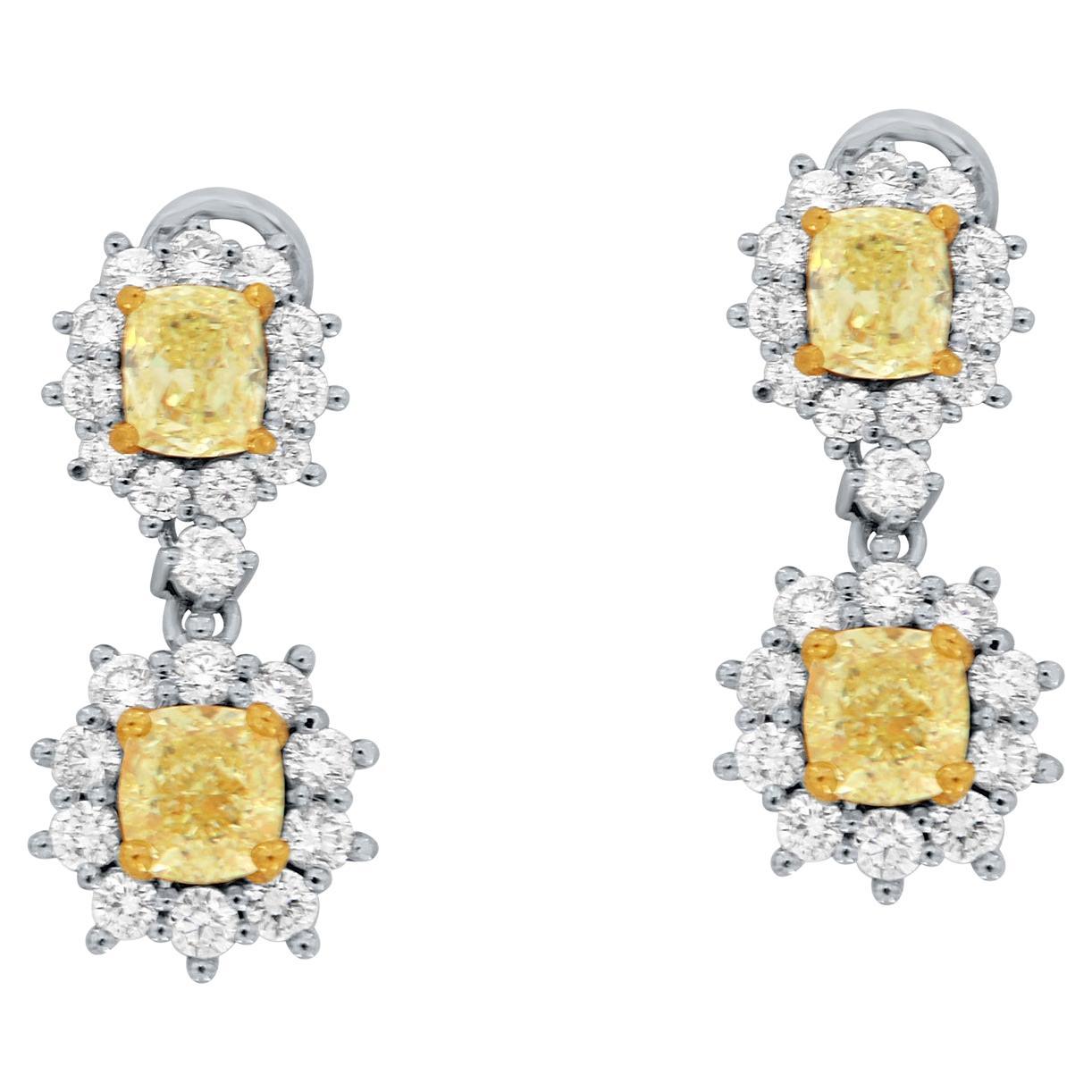 GIA Certified 1.65 Yellow Diamond 18k White & 22k Yellow  Gold Drop Halo Earring