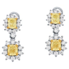 GIA Certified 1.65 Yellow Diamond 18k White & 22k Yellow  Gold Drop Halo Earring